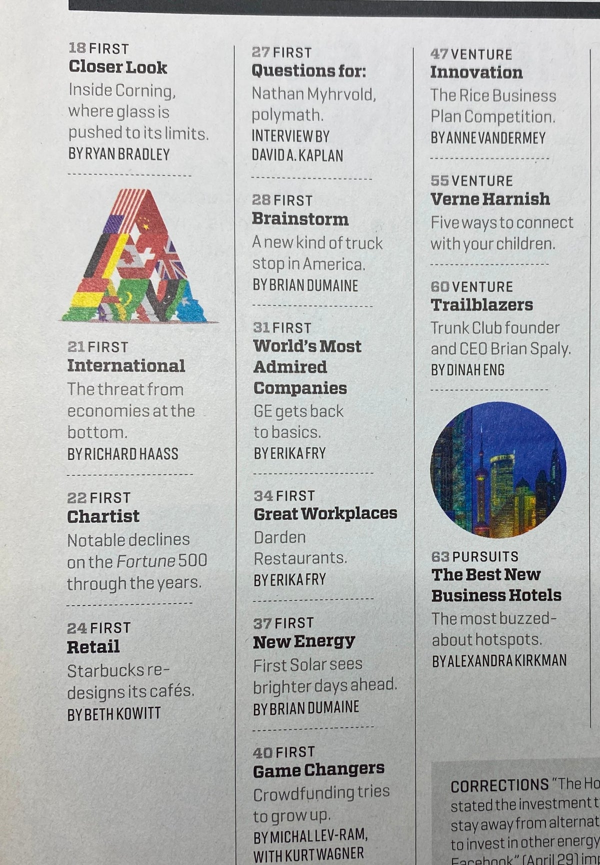 Interior page of Fortune Magazine May 20, 2013 showcasing articles including 'Closer Look', 'Questions for', and 'Innovation'; reflects the magazine's focus on business and entrepreneurship.