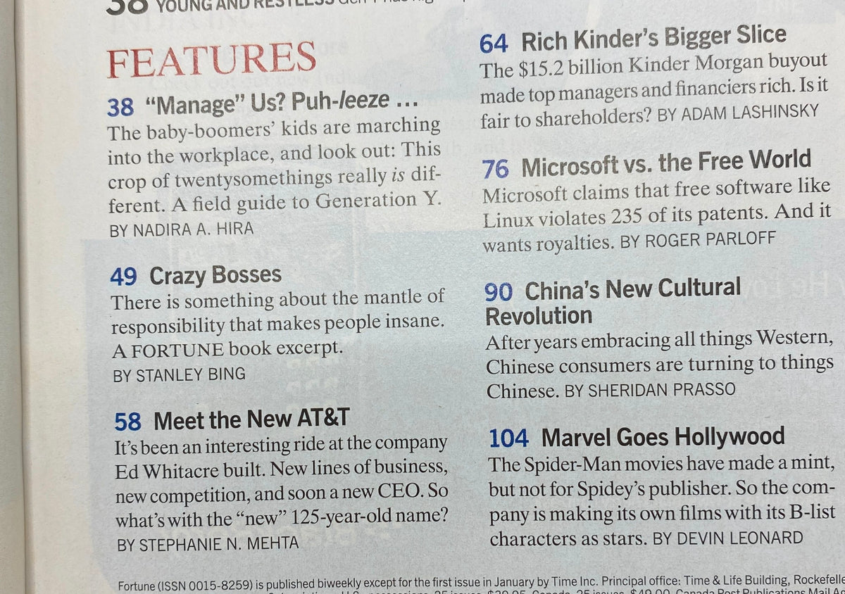 Interior page of Fortune Magazine May 28, 2007 listing featured articles including 'Crazy Bosses' and 'Microsoft vs. The Free World', providing insights into corporate challenges.