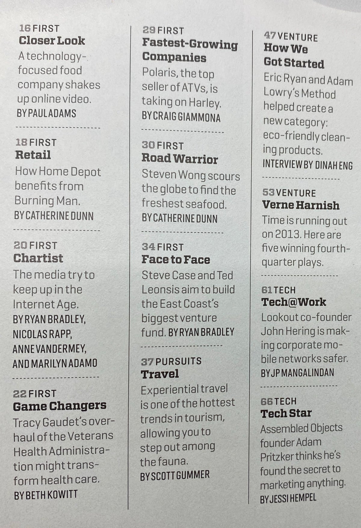 Inside pages of Fortune Magazine October 28, 2013, showcasing featured articles such as 'Closer Look', 'Fastest-Growing Companies', and 'Game Changers'. This vintage magazine discusses significant business trends and profiles influential figures.