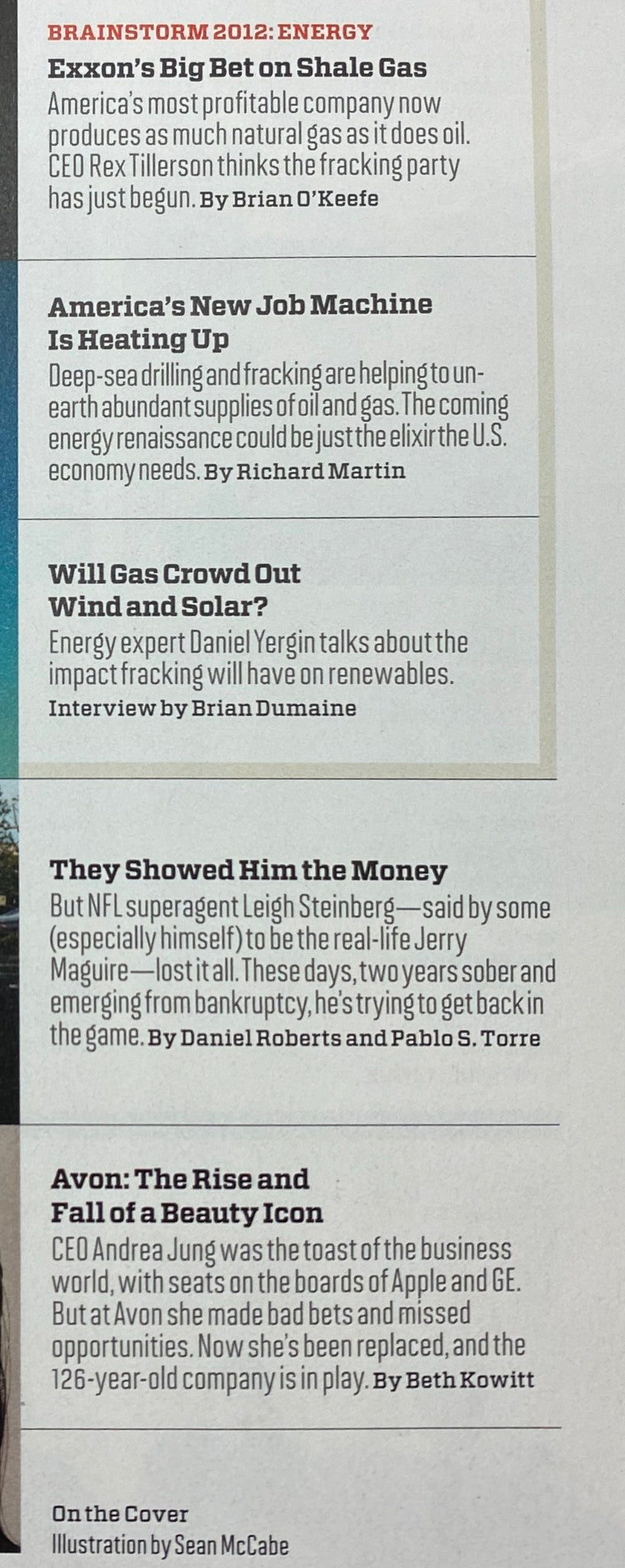 Interior page from Fortune Magazine's April 30, 2012 issue focusing on energy, highlighting segments about ExxonMobil's investments, the NFL superagent Leigh Steinberg, and beauty brand Avon.