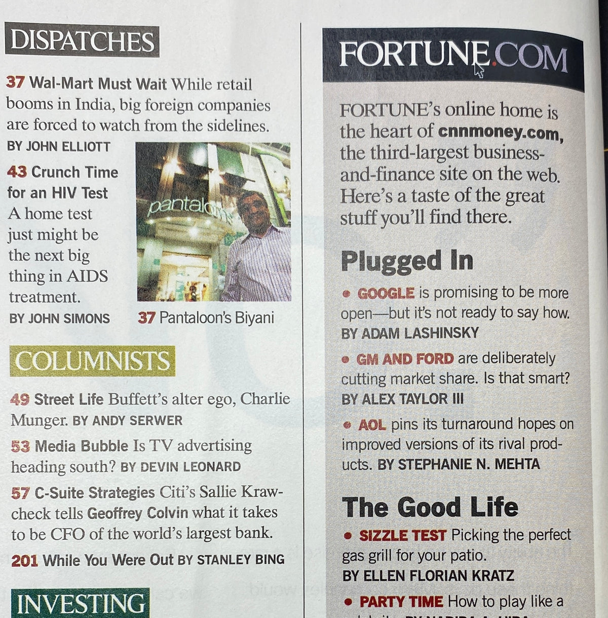 Interior page of Fortune Magazine from the May 29, 2006 issue, featuring various articles including a dispatch on Wal-Mart and insights from industry leaders, alongside the magazine's branding and website information.