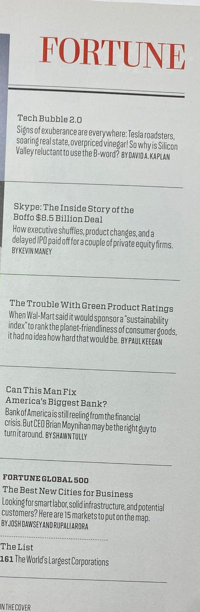 Fortune Magazine July 25, 2011 cover featuring Facebook CEO Mark Zuckerberg. The cover includes headlines about the tech bubble, Skype's acquisition, and corporate challenges faced by Bank of America.