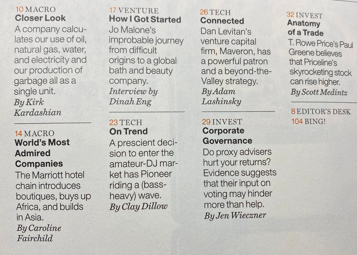 Interior page from Fortune Magazine dated February 24, 2014, featuring articles including 'Closer Look' by Kirk Kardashian, 'How I Got Started' by Jo Malone, 'On Trend' by Clay Dillow, and insights into corporate governance and investing.