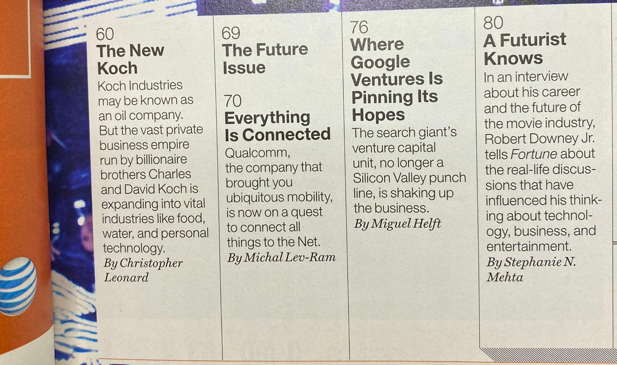 Inside page of Fortune Magazine January 13, 2014, highlighting 'The Future Issue' and articles on Koch Industries, Qualcomm, and Google Ventures' technology insights.