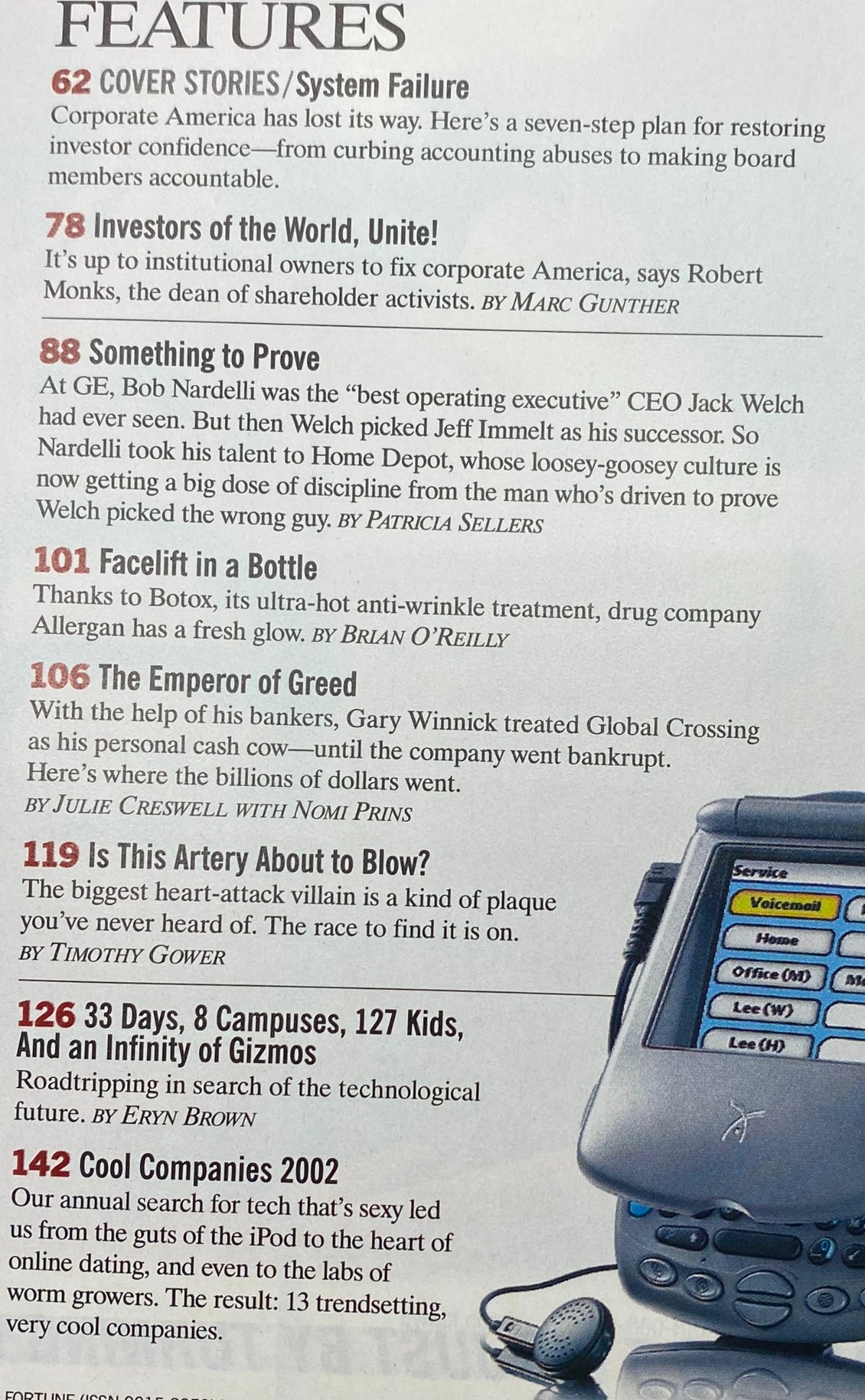 Interior page from the July 1, 2002 issue of Fortune Magazine showcasing featured articles including 'Cover Stories/System Failure' and interviews with key corporate figures.