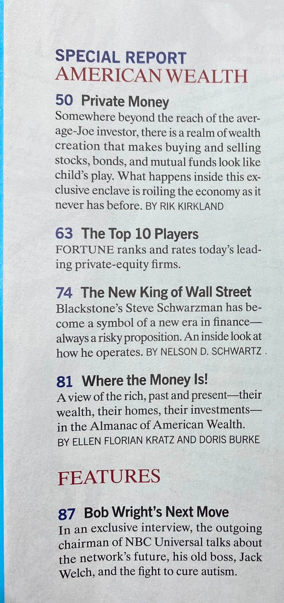 Special report on American wealth featured in Fortune Magazine March 5, 2007, showcasing insights into private equity and influential figures on Wall Street.
