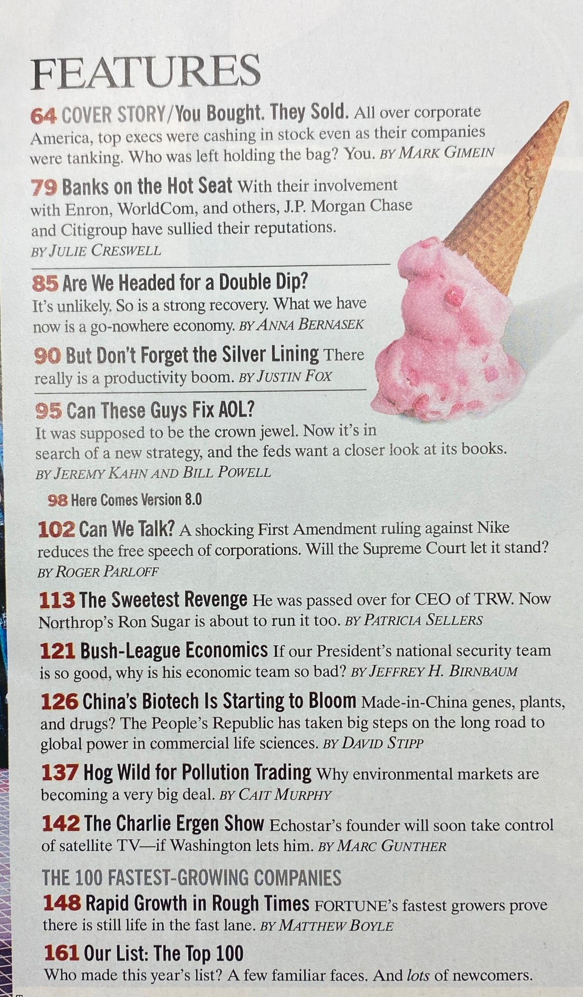 Features section of Fortune Magazine September 2 2002, showcasing articles such as 'You Bought. They Sold.' and 'Are We Headed for a Recovery?' highlighting key discussions on corporate responsibility and economic insights.