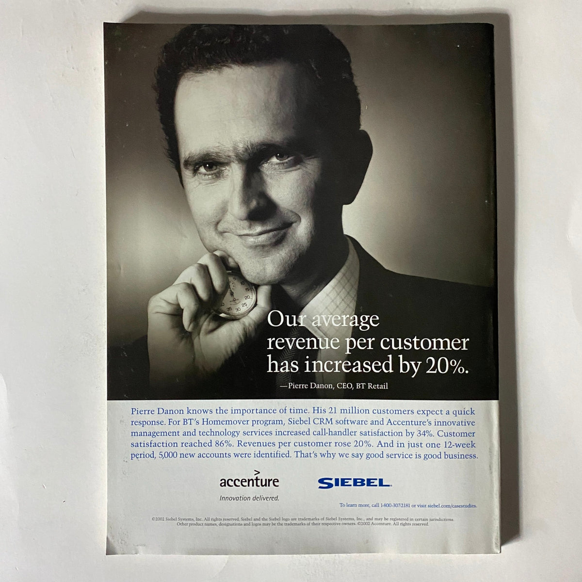 Advertisement featuring Pierre Danon, CEO of FT Retail, from Fortune Magazine September 2 2002, promoting Accenture's customer service efficiency with a focus on increasing revenue per customer.