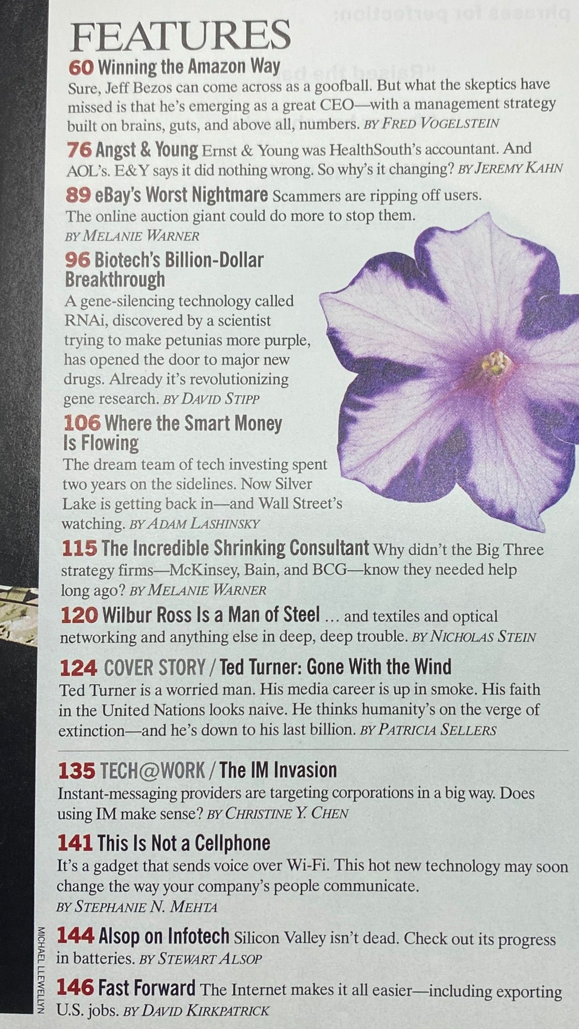 Contents page of Fortune Magazine, May 26, 2003, detailing features including 'Winning the Amazon Way' and 'Biotech's Billion-Dollar Breakthrough', providing insights into key industry topics.