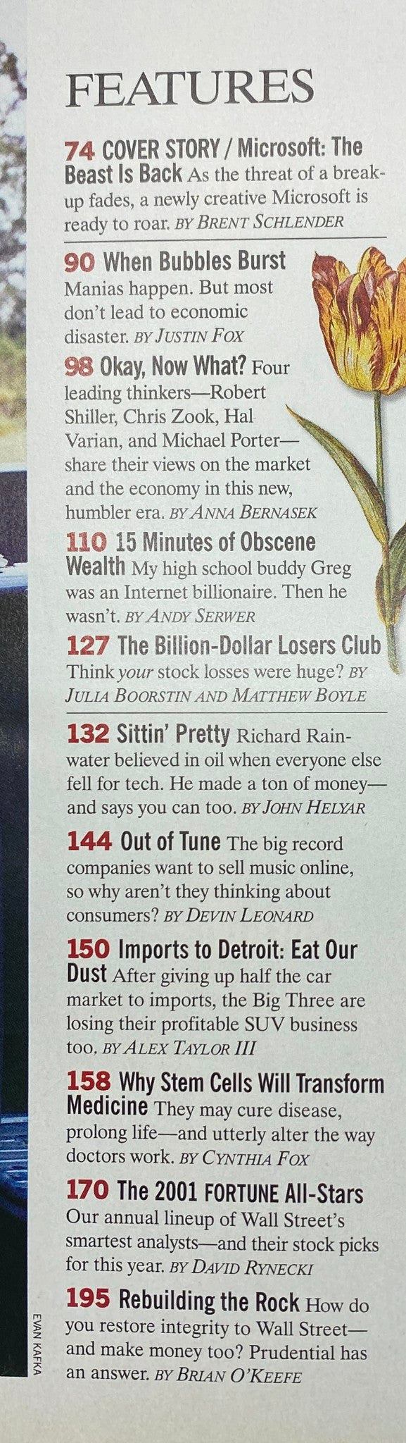 Feature article page from Fortune Magazine June 11, 2001 detailing various stories including 'Microsoft: The Beast Is Back', showcasing analysis and commentary on the economy.