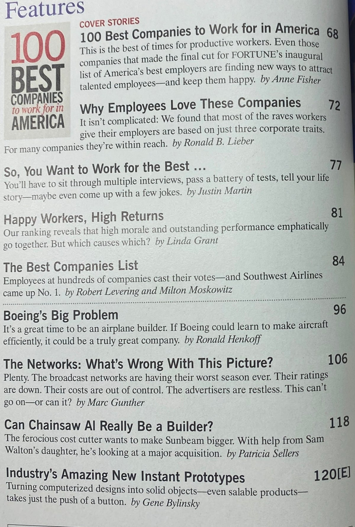 Inside page of the Fortune Magazine January 12, 1998 issue, detailing cover stories including '100 Best Companies to Work for in America' and featuring articles highlighting employee satisfaction and company performance.
