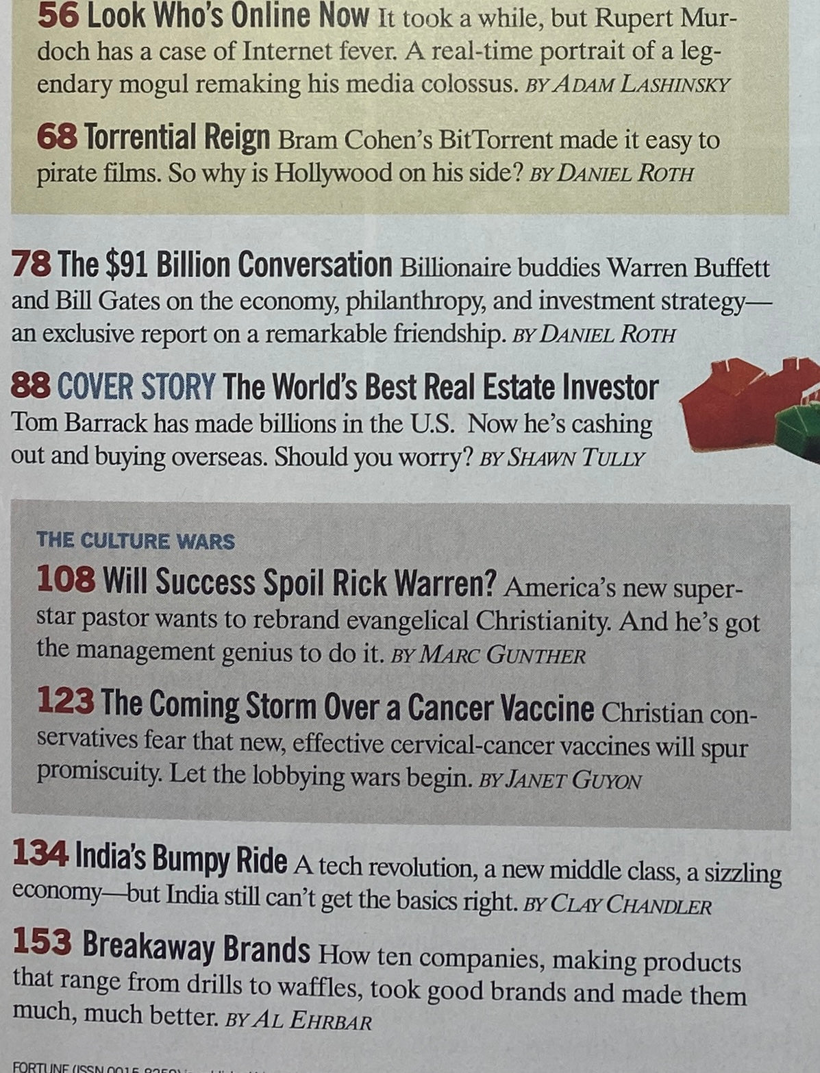 Interior page of Fortune Magazine November 2005 highlighting various articles, including the feature on the world's best real estate investor.