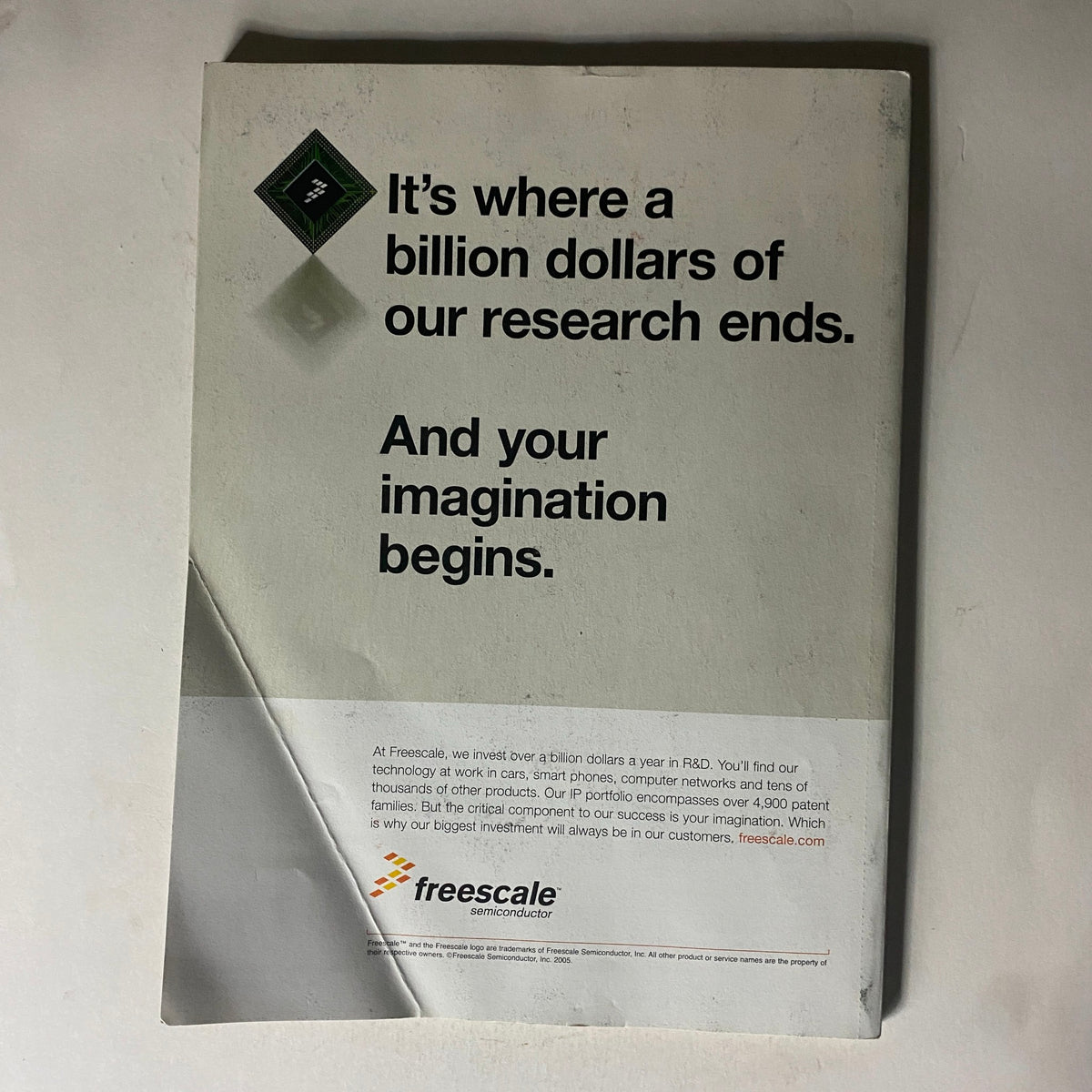 Back cover of Fortune Magazine November 2005, featuring a Freescale advertisement with the tagline: 'It's where a billion dollars of our research ends. And your imagination begins.' This collectible magazine highlights influential real estate investors and business trends.