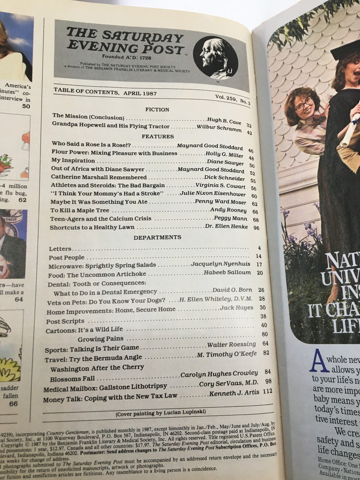 Table of contents from The Saturday Evening Post, April 1987, Vol 259 #3 featuring the article 'My Inspiration' by Diane Sawyer, showcasing various featured articles and contributors.