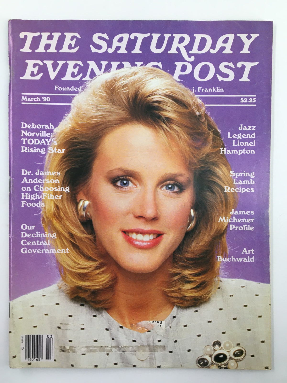 The Saturday Evening Post March 1990 issue featuring Deborah Norville on the cover, showcasing a vintage design with a purple background and magazine details.
