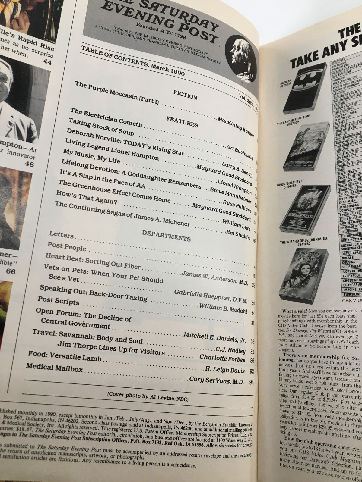 Table of contents from The Saturday Evening Post March 1990 issue, highlighting articles including Deborah Norville: TODAY's Rising Star.