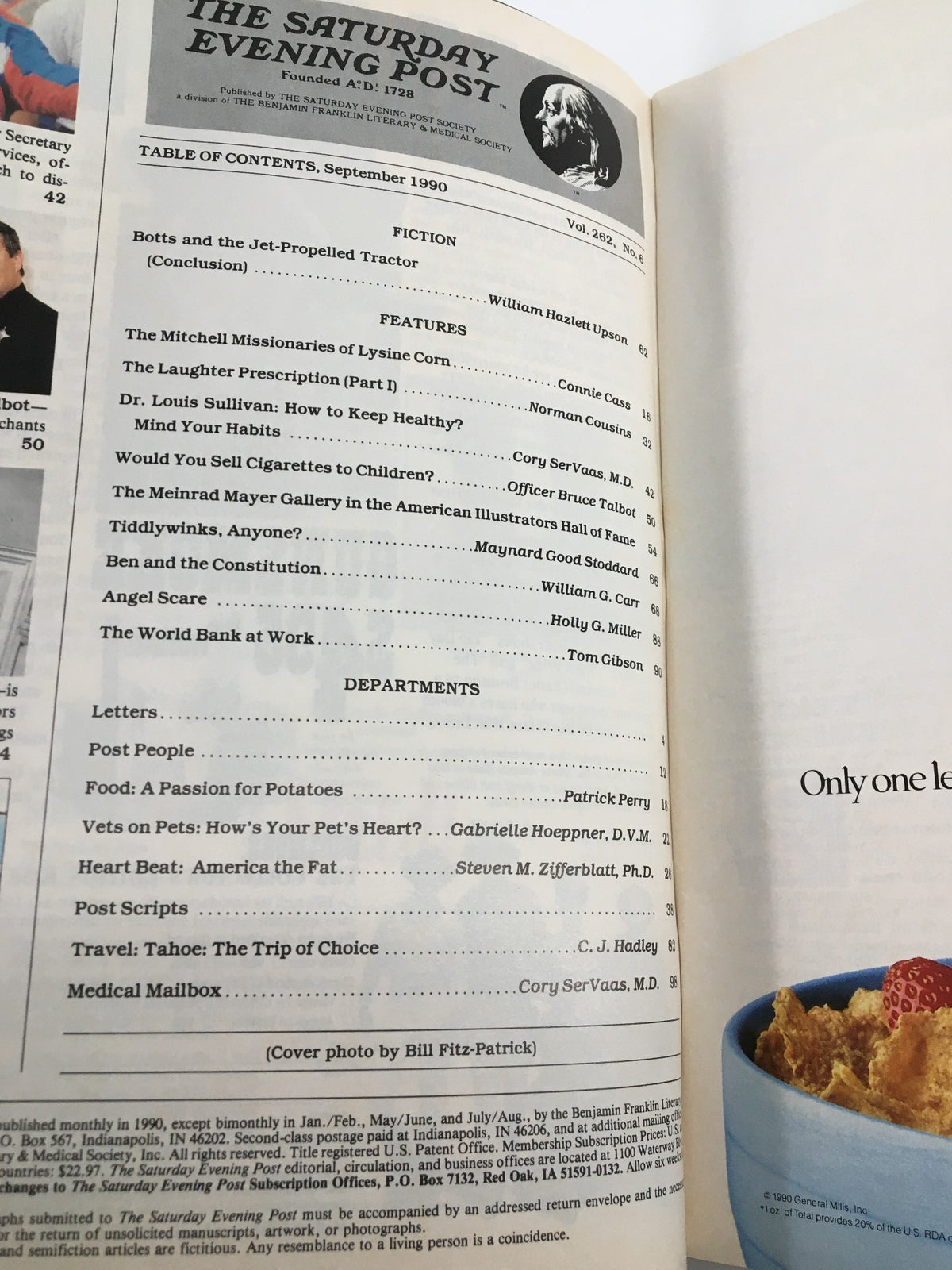 The Saturday Evening Post, September 1990, features a table of contents page highlighting articles including one by Dr. Louis Sullivan, Secretary of Health and Human Services, as part of its vintage magazine collection.