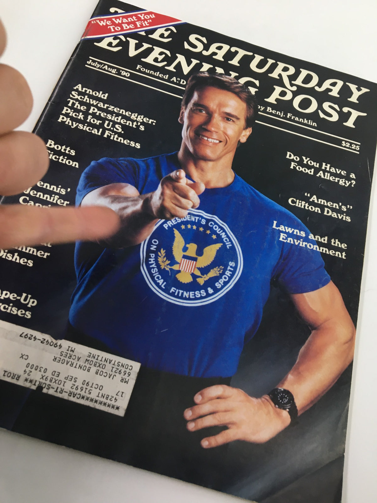 Another view of the July 1990 cover of The Saturday Evening Post with Arnold Schwarzenegger, dedicated to U.S. physical fitness.