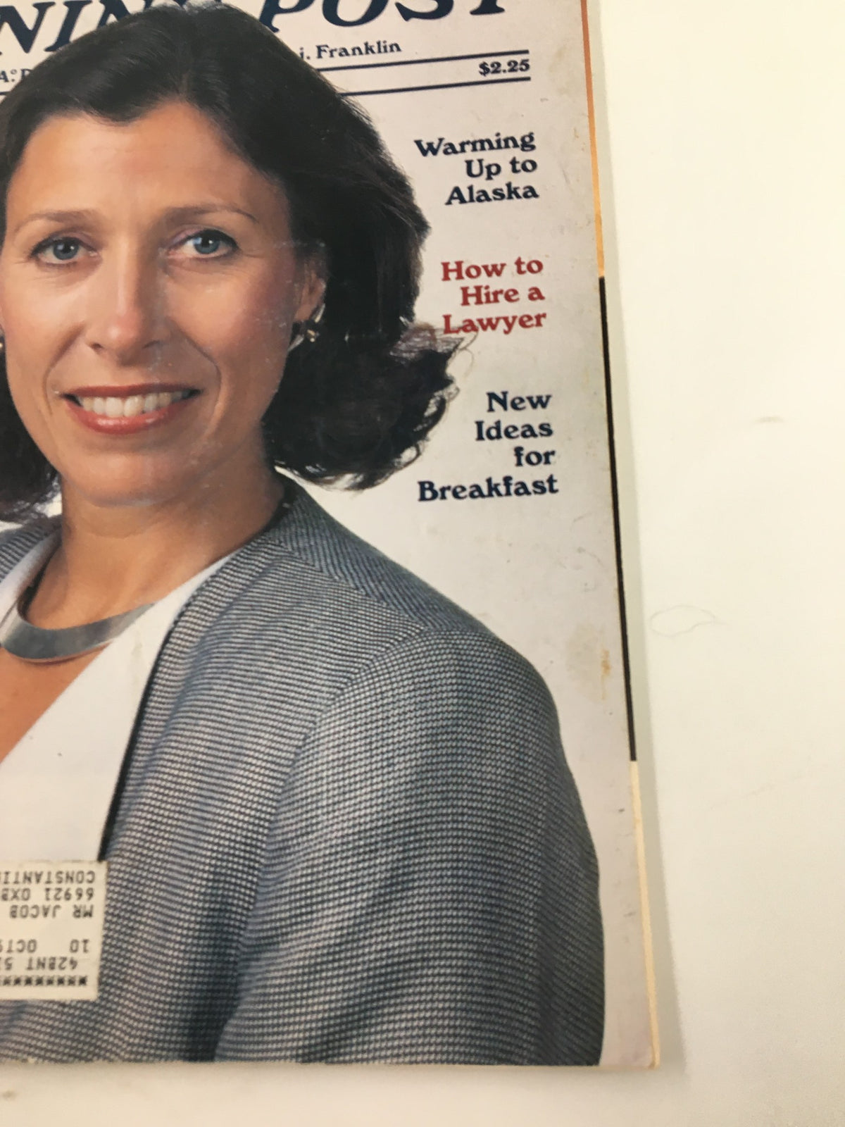 Close-up view of the cover of The Saturday Evening Post October 1990 featuring Marilyn Quayle and Her Fit Family, highlighting the text 'How to Hire a Lawyer' and other features.
