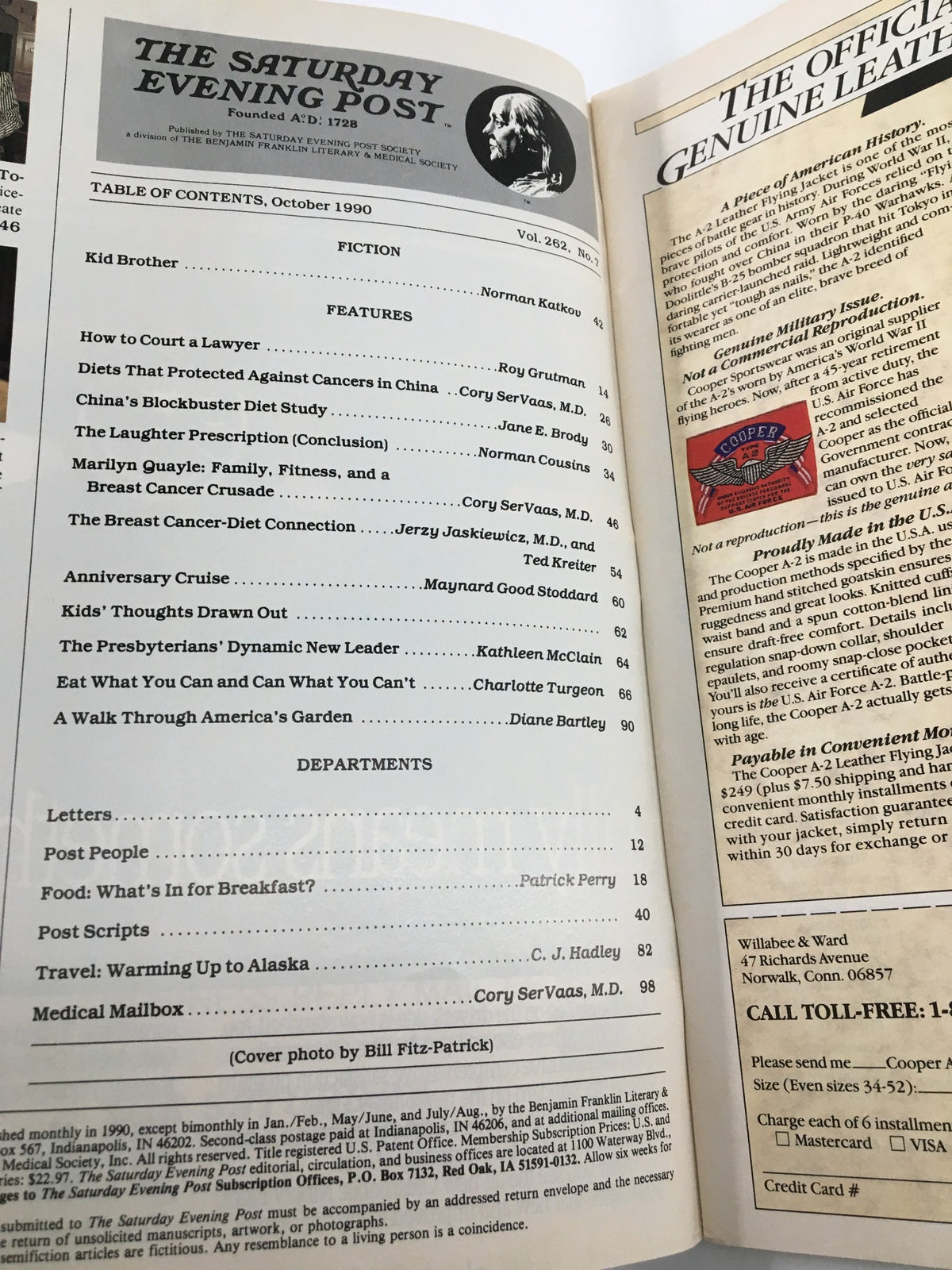 Table of Contents from The Saturday Evening Post October 1990 featuring Marilyn Quayle and Her Fit Family, listing articles including features on health and wellness.