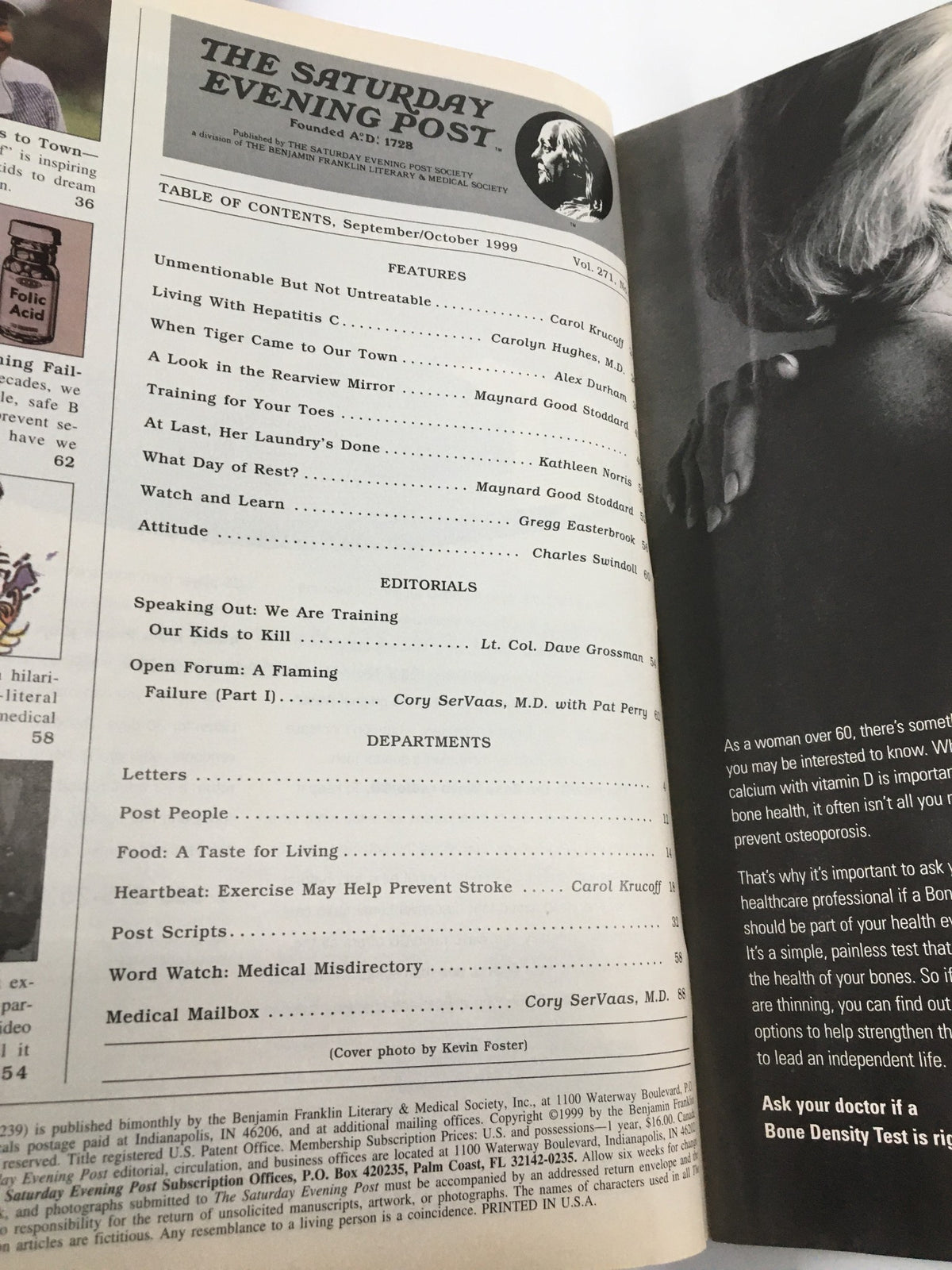 Inside page of The Saturday Evening Post September 1999, displaying the table of contents with features including articles related to health and fitness, alongside the mention of Tiger Woods.