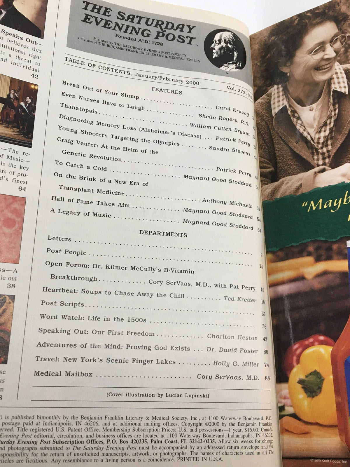 Table of contents for The Saturday Evening Post, January/February 2000. Includes features on Charlton Heston speaking out on freedom, alongside other articles and sections.