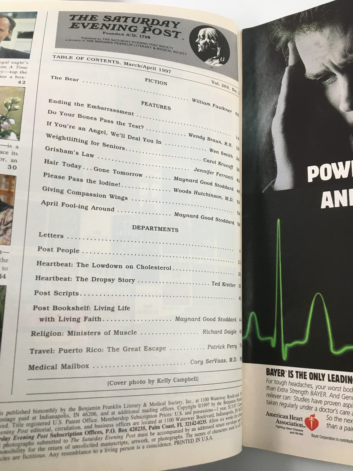 Table of contents from The Saturday Evening Post March 1997, outlining featured articles including politics, health, and literature, with a focus on William Faulkner.
