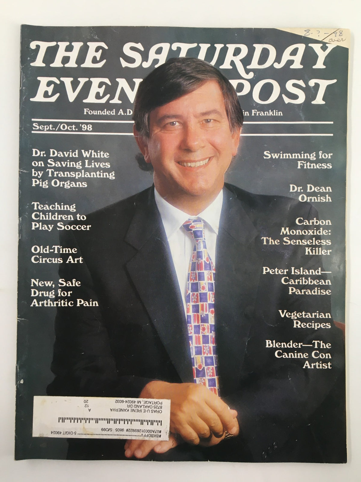 Cover of The Saturday Evening Post September 1998 featuring Dr. David White and Dr. Dean Ornish, showcasing articles on health and wellness.