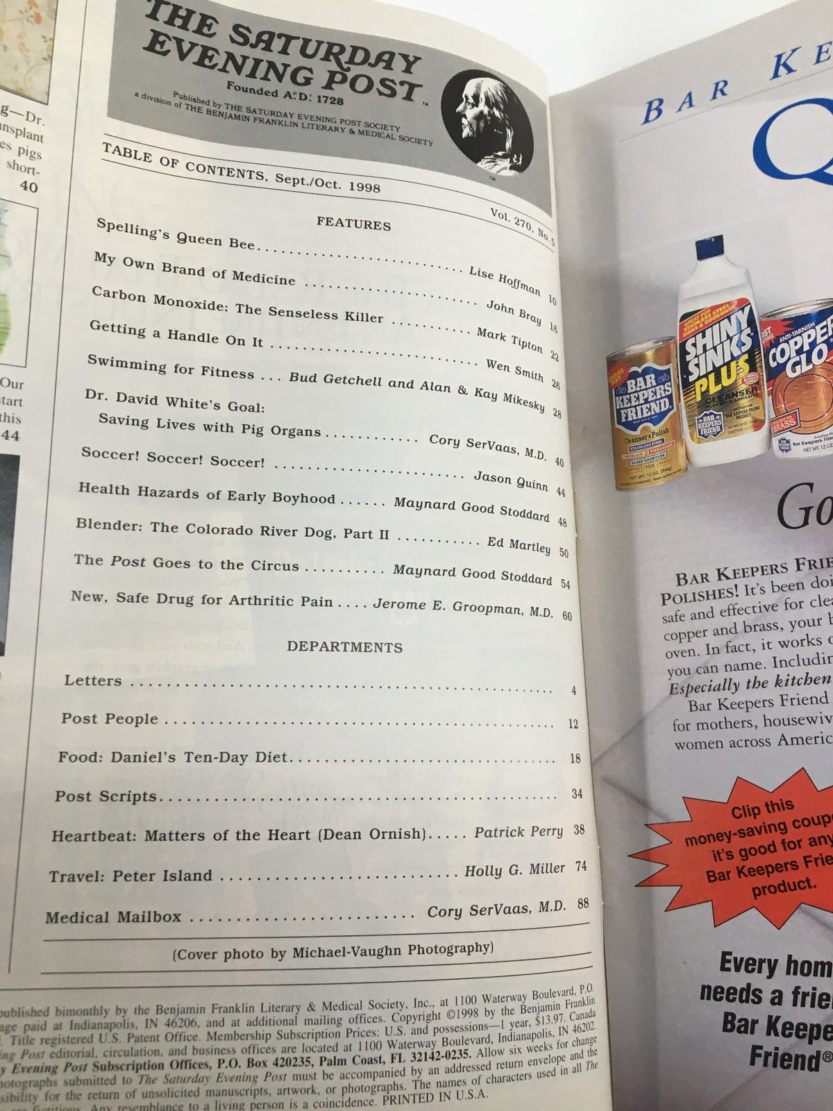Interior page of The Saturday Evening Post September 1998 with the table of contents, including features on health by Dr. David White and Dr. Dean Ornish.