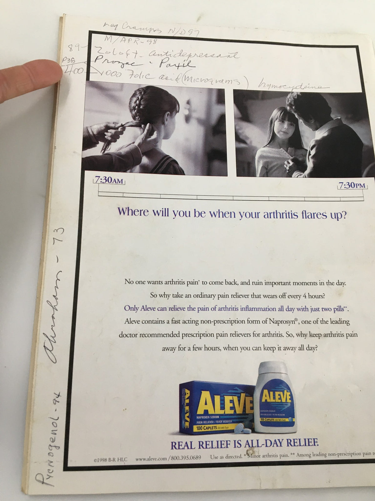 Back cover of The Saturday Evening Post, September 1998 featuring an advertisement for Aleve pain relief tablets. The image displays a woman having her hair styled, highlighting moments of daily life and health. This issue includes insights from Dr. David White and Dr. Dean Ornish, focusing on health and wellness.