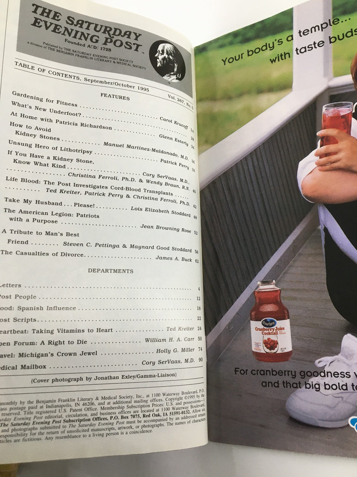 Table of Contents for The Saturday Evening Post September/October 1995, including features like home improvement and health articles.