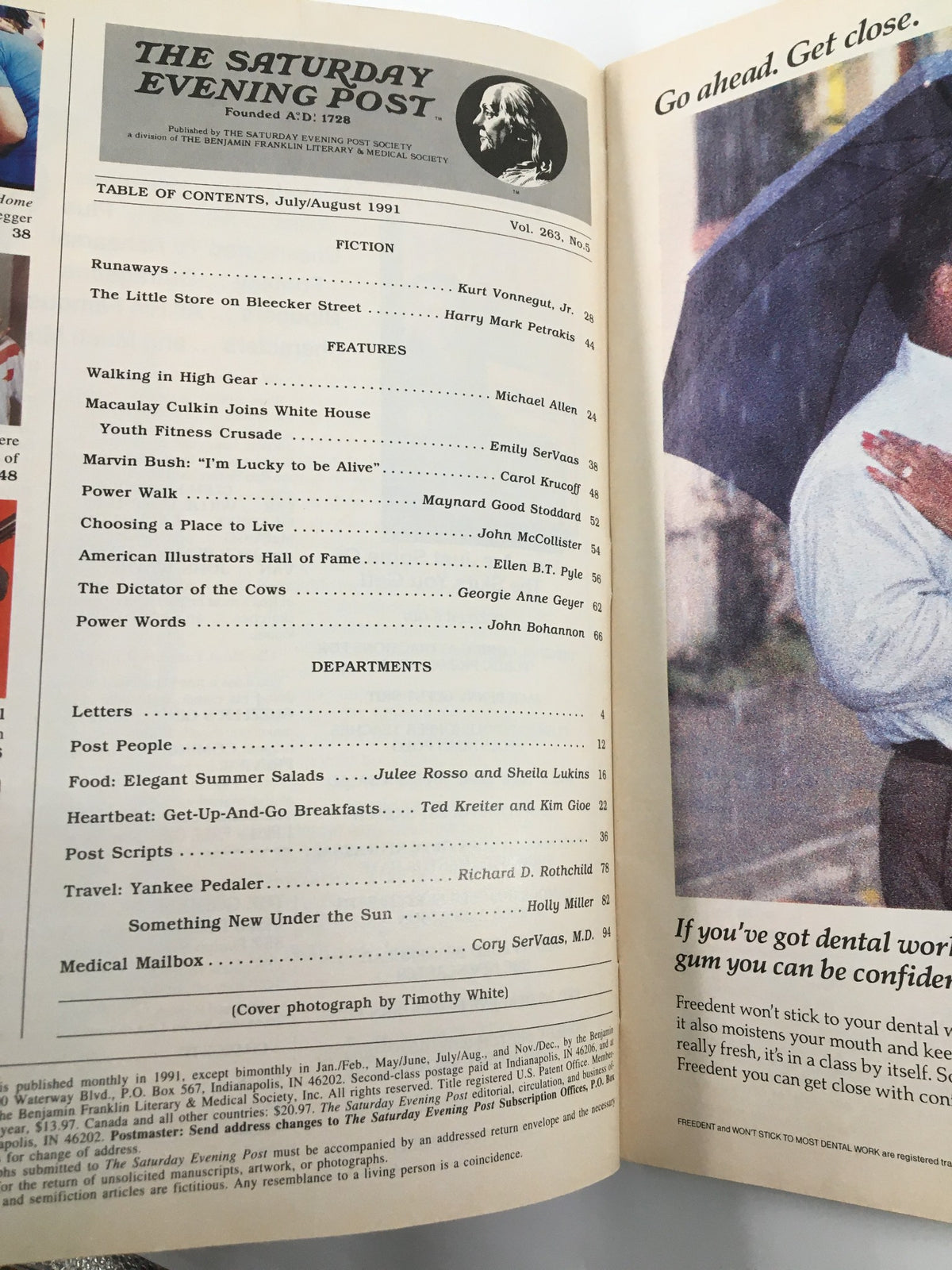 Table of contents for The Saturday Evening Post July 1991, detailing features and articles including Macaulay Culkin's involvement in the White House Fitness Crusade.