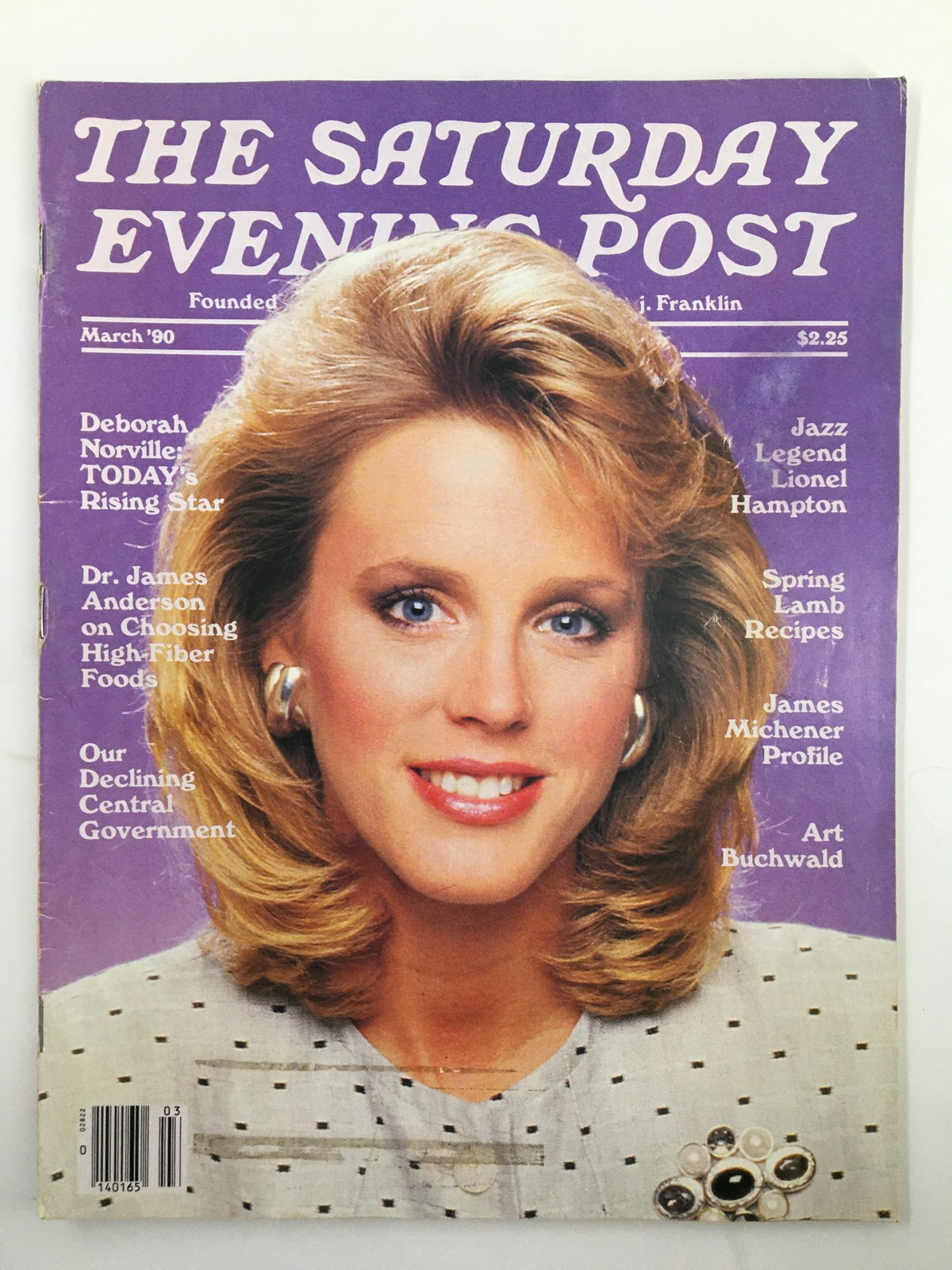The Saturday Evening Post March 1990 cover featuring Deborah Norville, showcasing vibrant purple background with highlights of featured articles including Lionel Hampton, and various lifestyle topics.