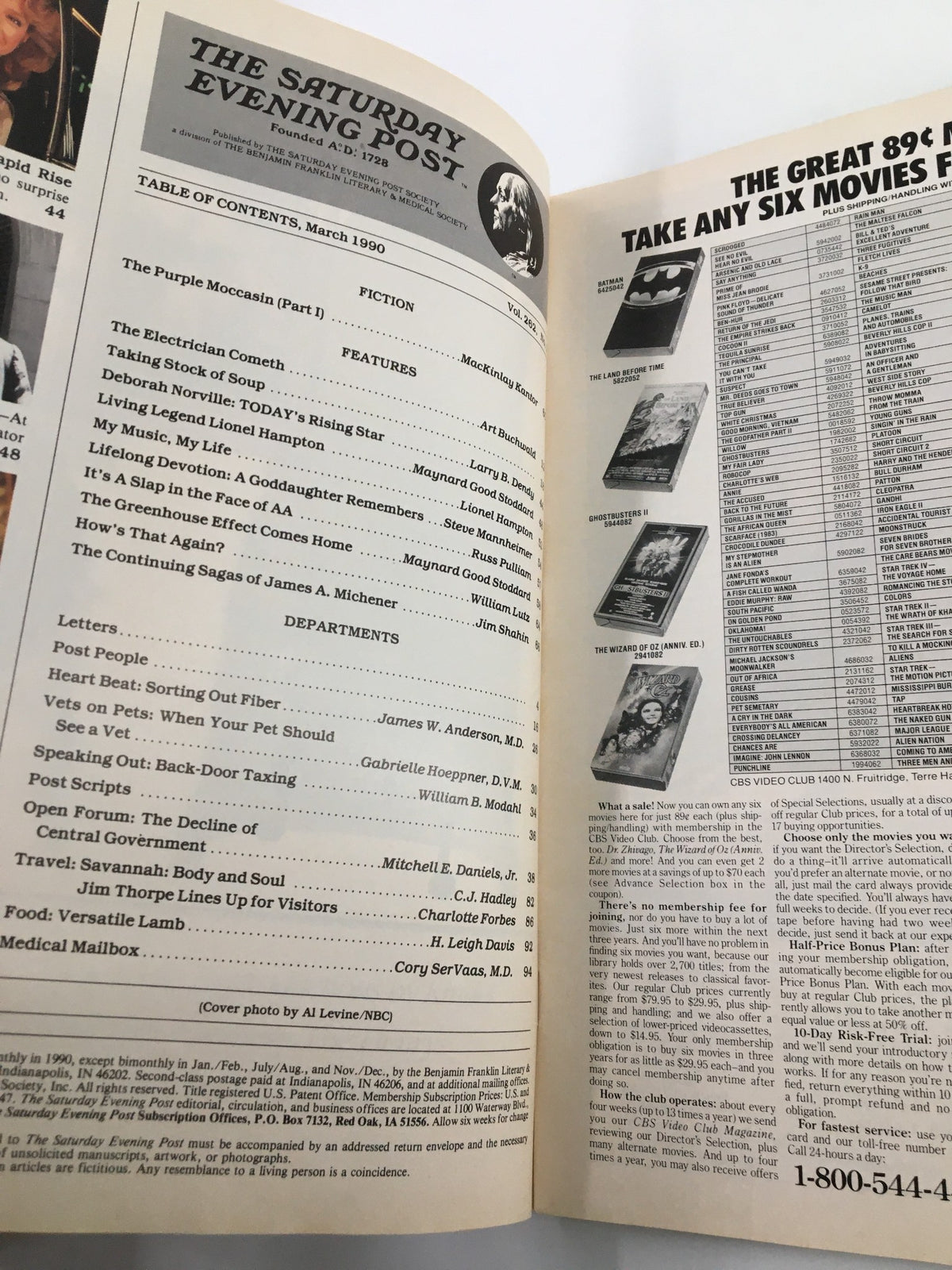 The Saturday Evening Post March 1990 showcasing the table of contents featuring articles and features, including notable names like Deborah Norville and Lionel Hampton. This vintage magazine page highlights various sections and advertisements from early '90s culture.