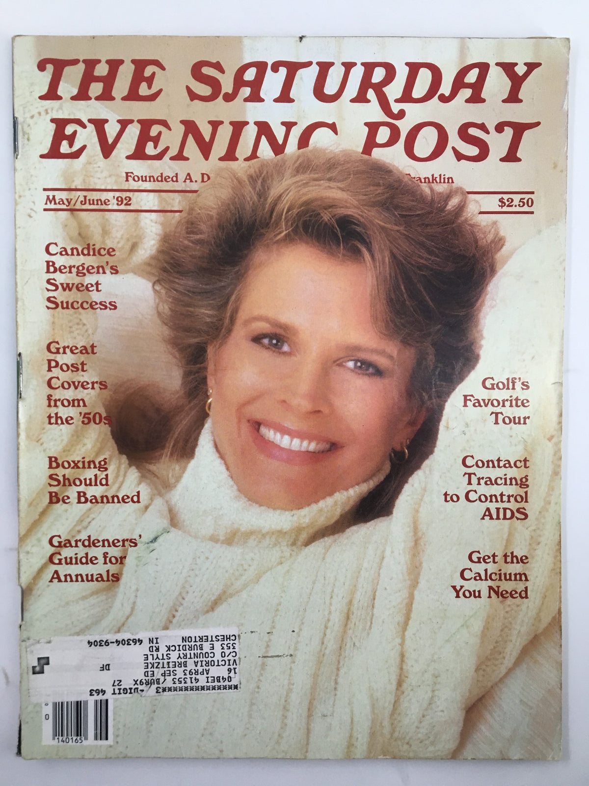 Cover of The Saturday Evening Post, May 1992, featuring Candice Bergen and highlighting her sweet success during that period, with vintage design and notable articles.