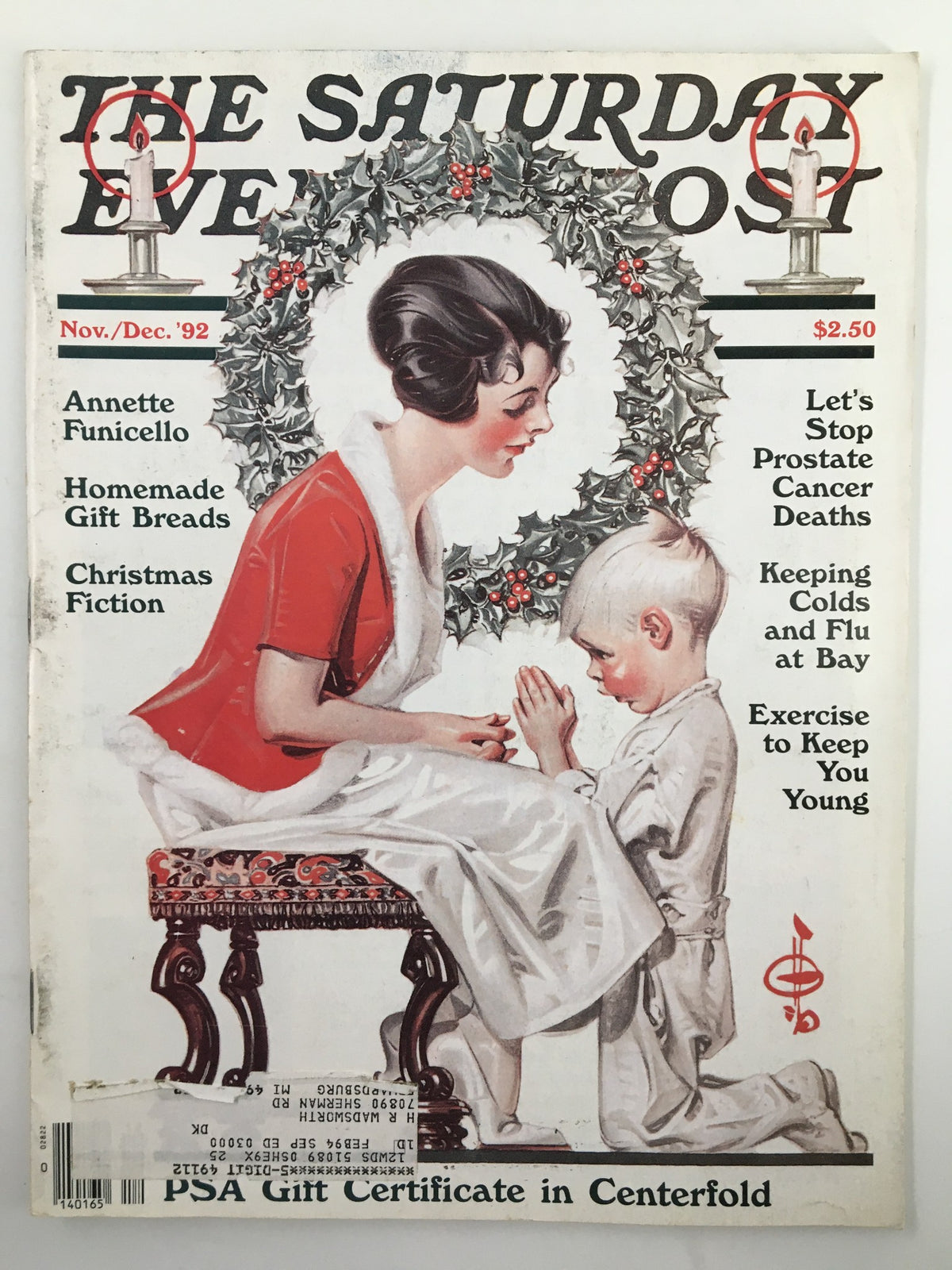 Cover of The Saturday Evening Post from November 1992 featuring Annette Funicello, highlighting homemade gift breads and Christmas fiction.
