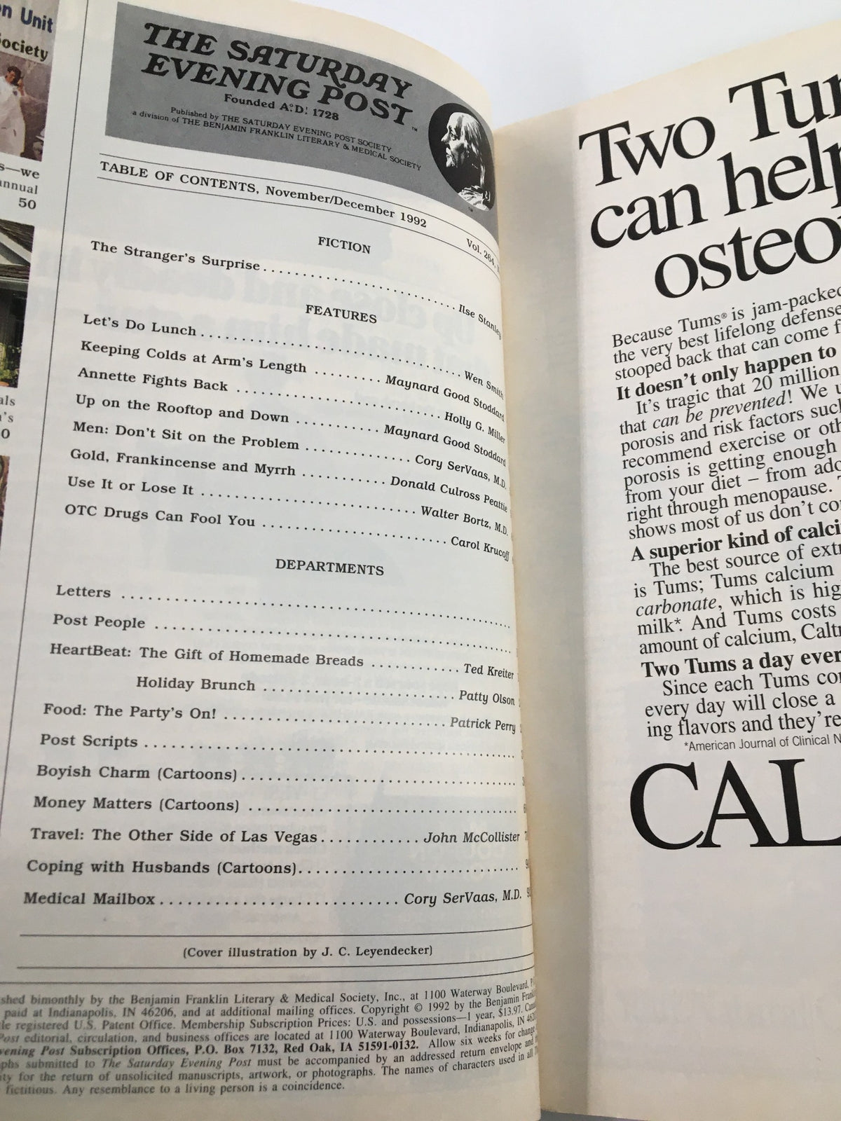 Table of contents from The Saturday Evening Post, November 1992, detailing features including Annette Funicello and articles on homemade breads.