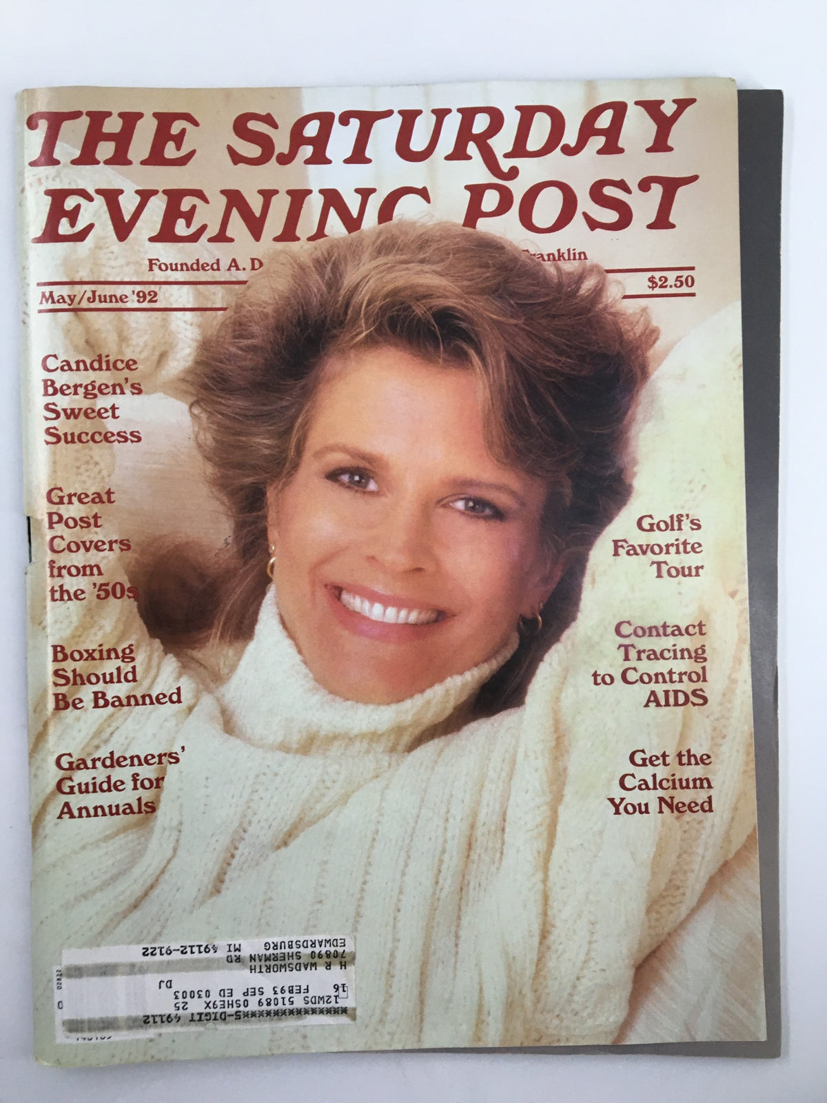 Cover of The Saturday Evening Post, May 1992, featuring Candice Bergen smiling in a cozy white sweater, highlighting the main article on her sweet success.