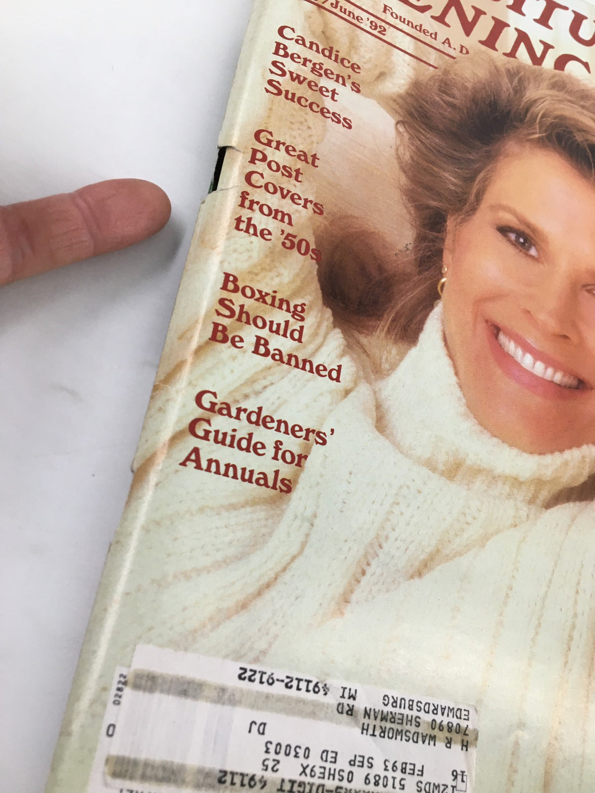 Close-up of the cover of The Saturday Evening Post, May 1992, showing Candice Bergen and additional feature titles, including 'Gardener's Guide for Annuals' and 'Boxing Should Be Banned.'