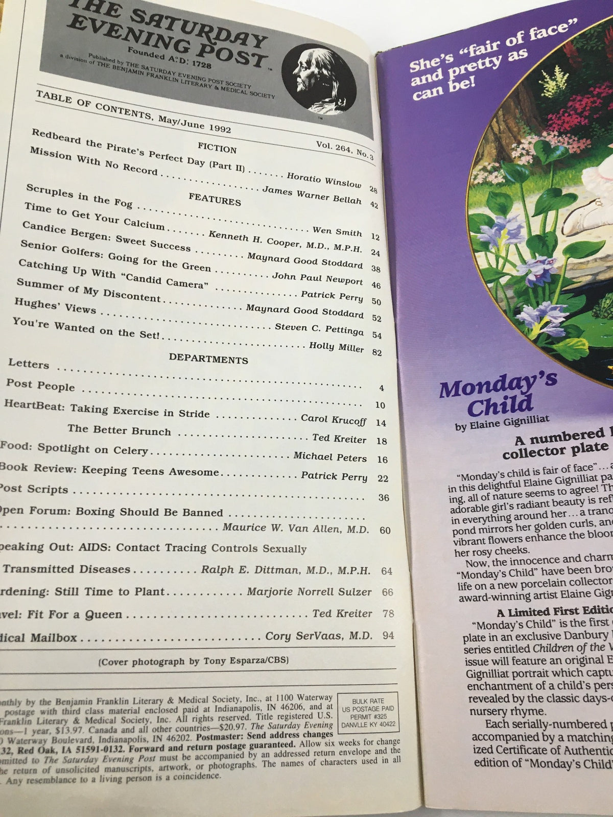 Inside page of The Saturday Evening Post May 1992 featuring the Table of Contents, showcasing articles and features including Candice Bergen and The Better Brunch.