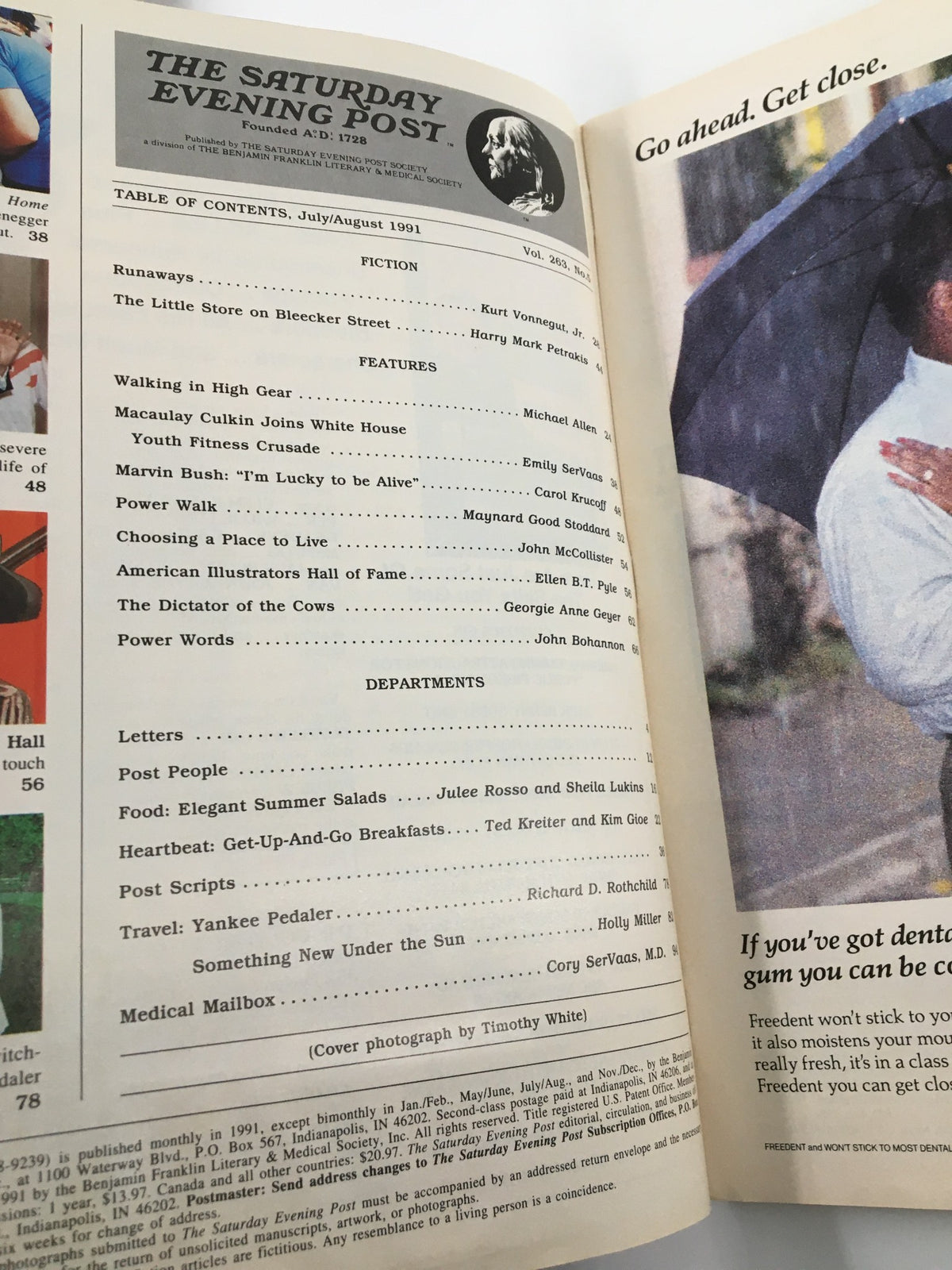 Inside page of The Saturday Evening Post July 1991 displaying the table of contents, highlighting features including Macaulay Culkin's White House appearance and various articles, all reflecting the cultural context of the early '90s.