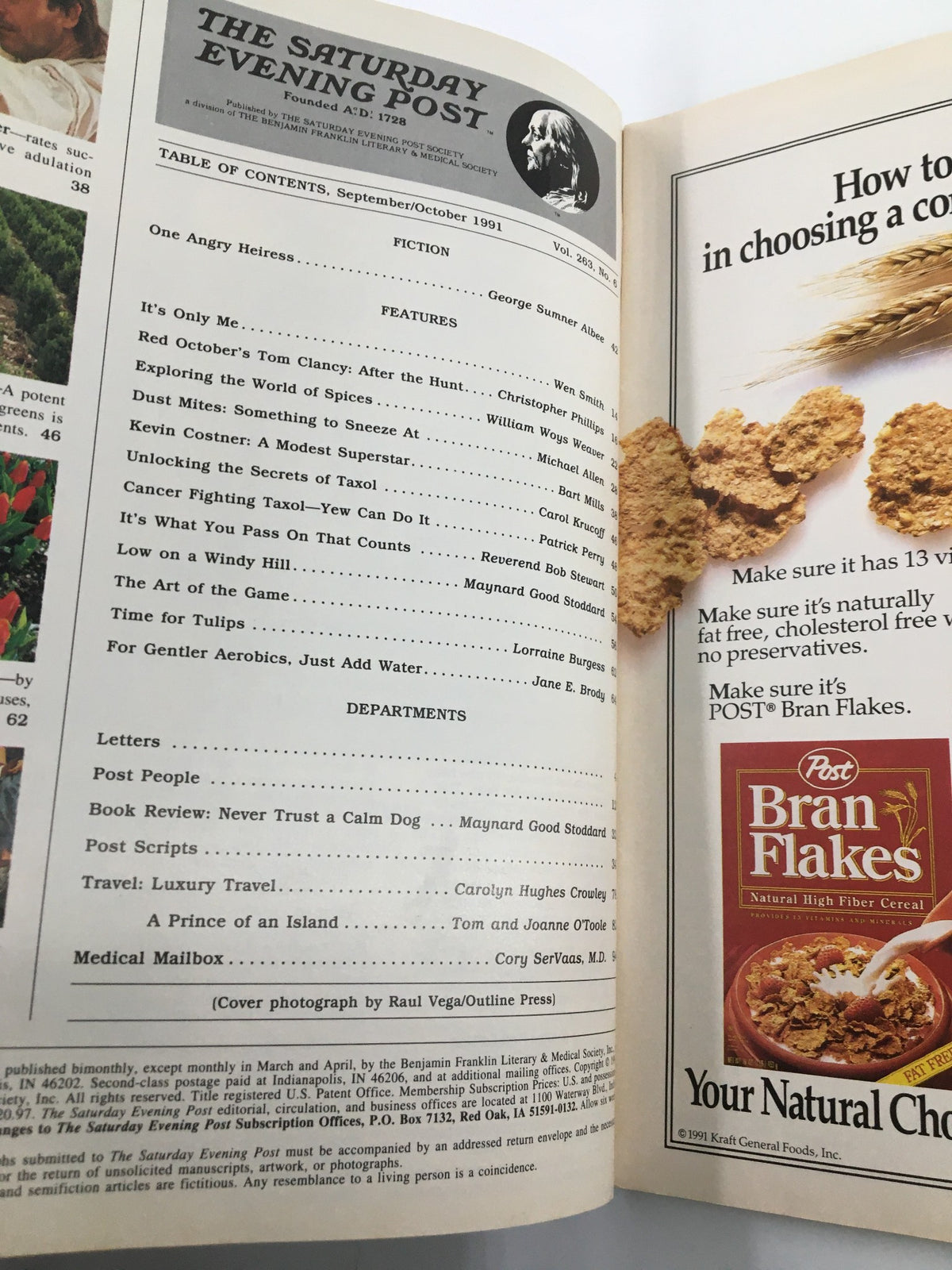 Inside page of The Saturday Evening Post October 1991 displaying the table of contents, highlighting features such as Easy Water Aerobics and contributions from Kevin Costner.