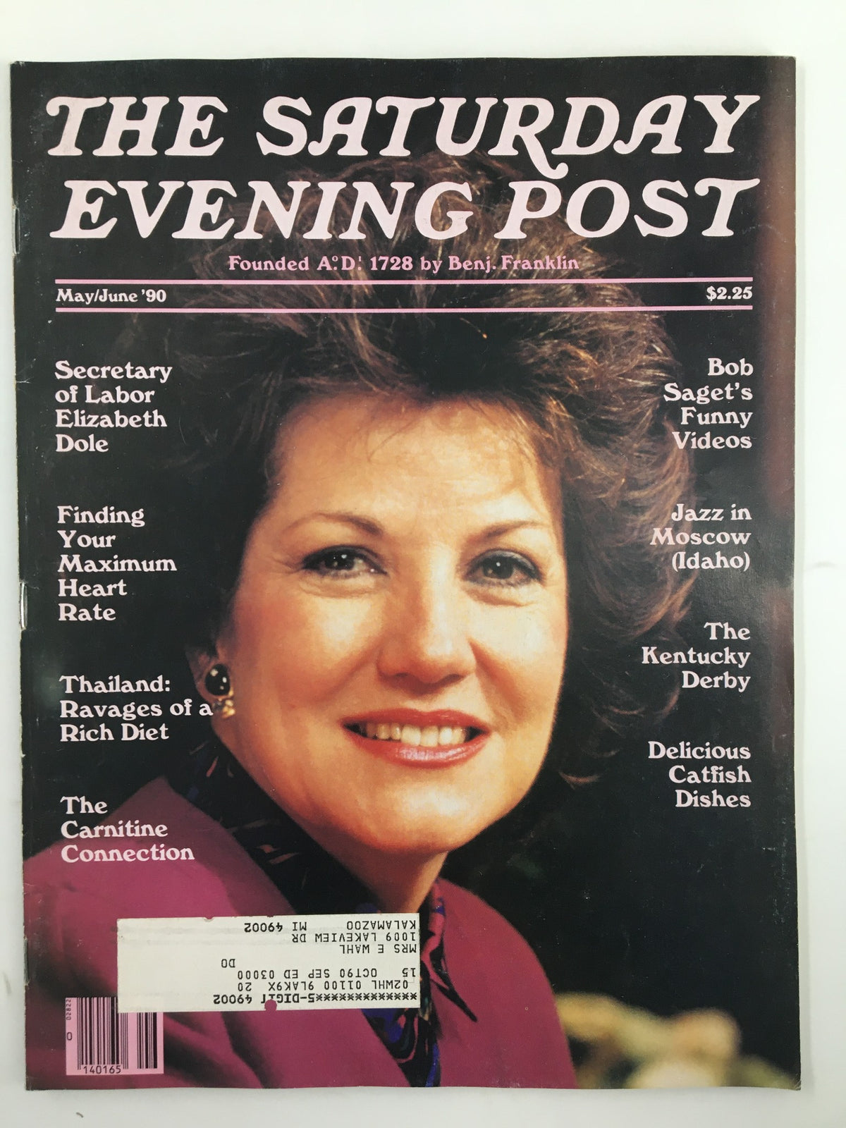 Cover of The Saturday Evening Post, May 1990, featuring Secretary of Labor Elizabeth Dole, showcasing articles on various topics including employment, health, and cultural events of the era.