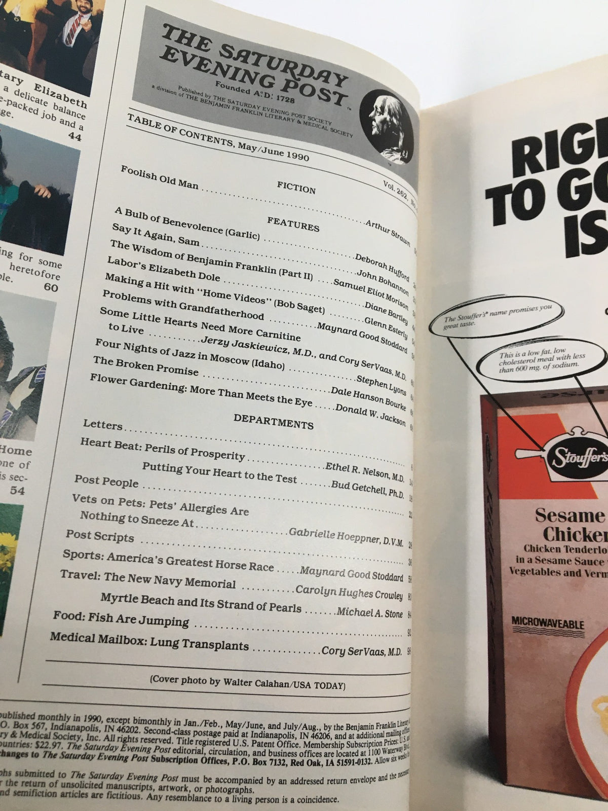 Table of contents from The Saturday Evening Post May 1990 featuring Secretary of Labor Elizabeth Dole, listing articles on various topics including labor, health, and culture.