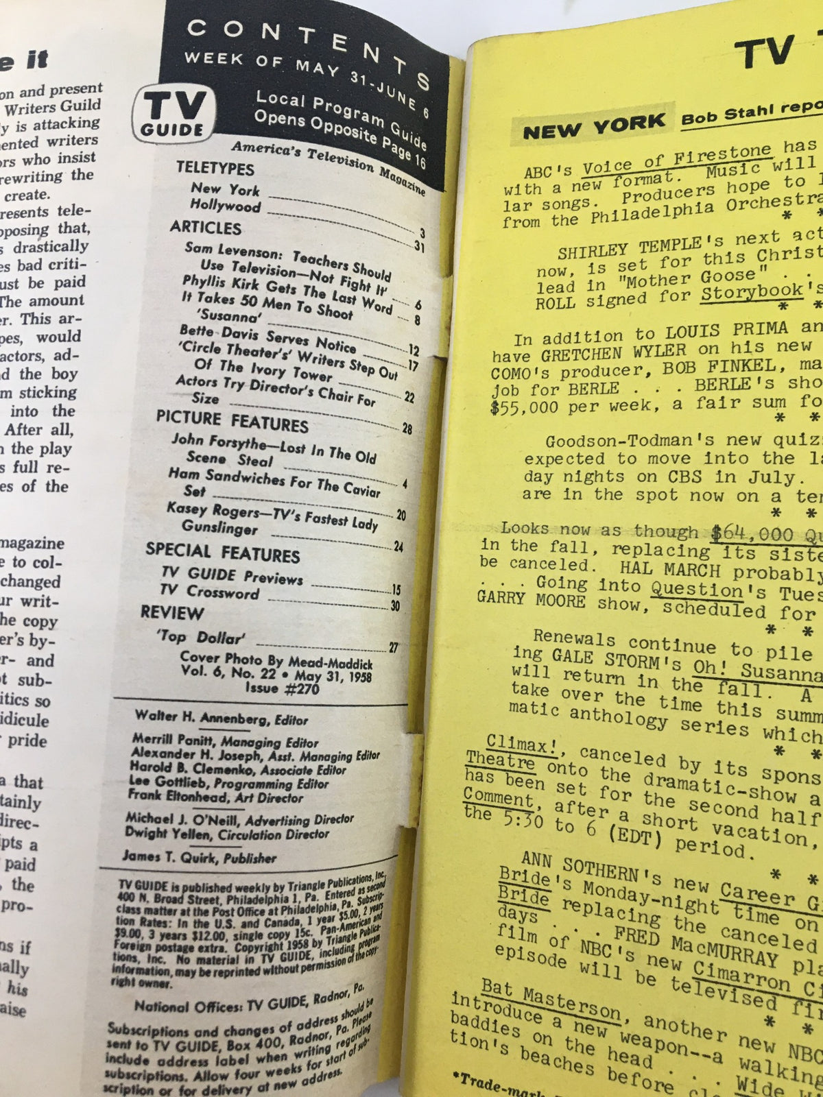 Contents page of TV Guide Magazine May 31, 1958, detailing articles and features including topics on television programming and notable personalities of the era.