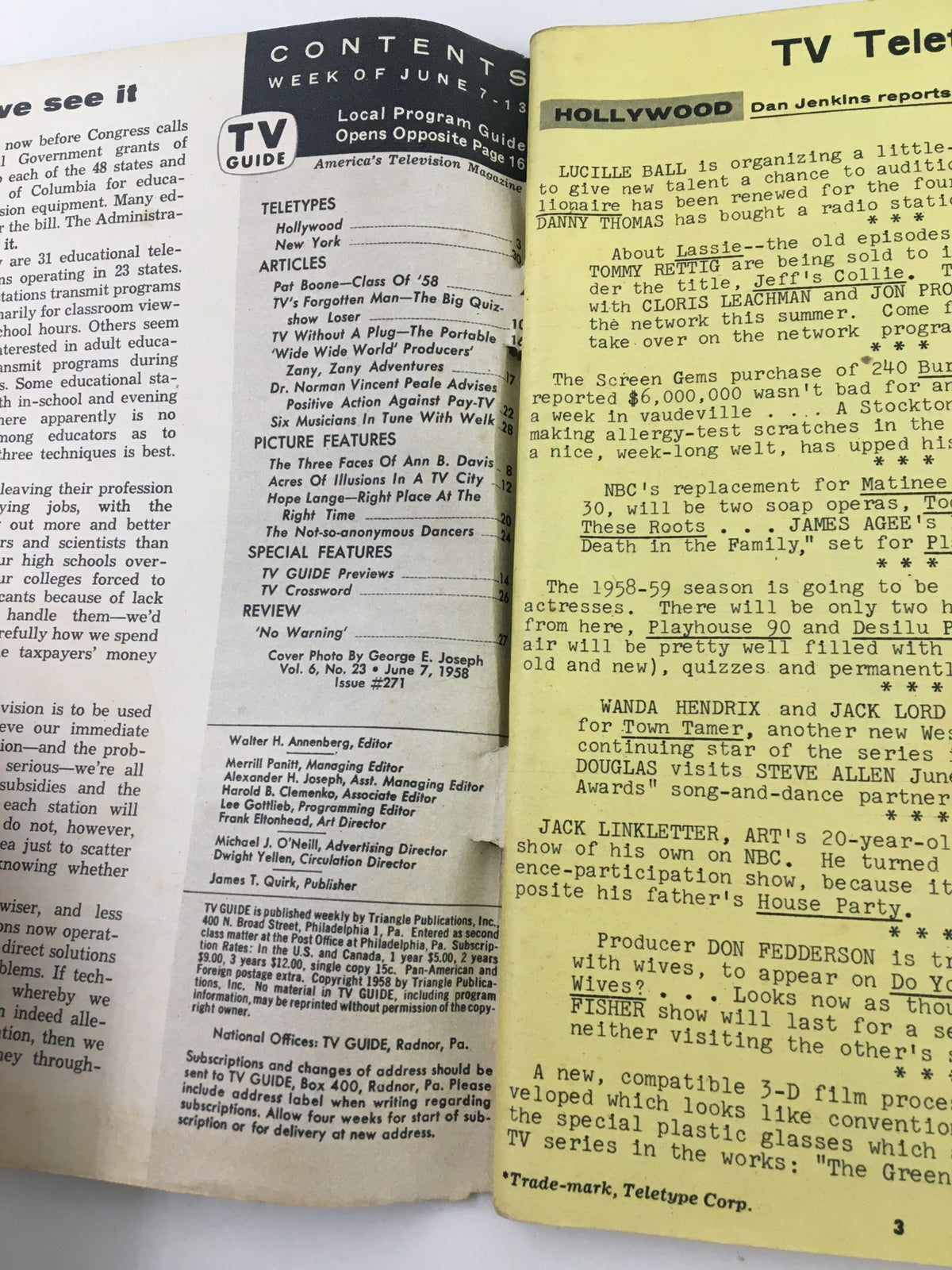 Inside page view of the TV Guide Magazine June 7, 1958, highlighting the contents section which includes articles and features relevant to television programming of that era, ideal for historical reference.