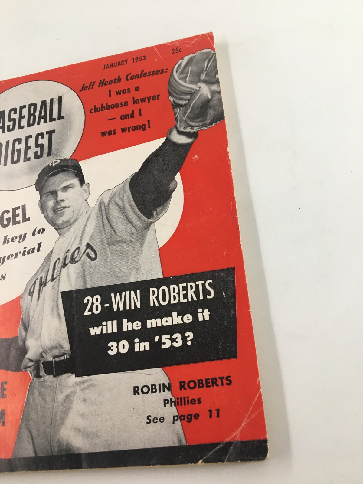 Close-up of the January 1953 VTG Baseball Digest Magazine cover, highlighting Robin Roberts and the intriguing question of reaching 30 wins, with vintage design elements.