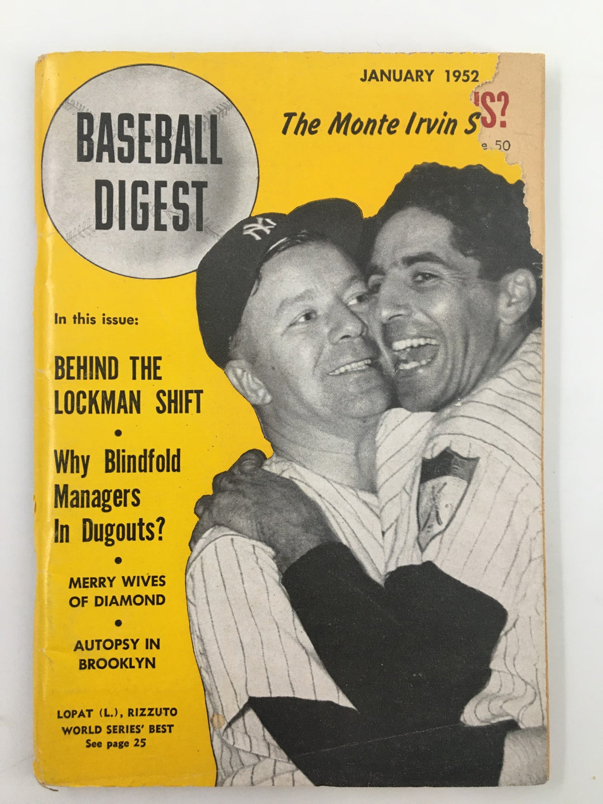 VTG Baseball Digest Magazine January 1952 featuring Eddie Lopat and Phil Rizzuto on the cover. The magazine highlights baseball topics and is in good condition, with minor wear visible.