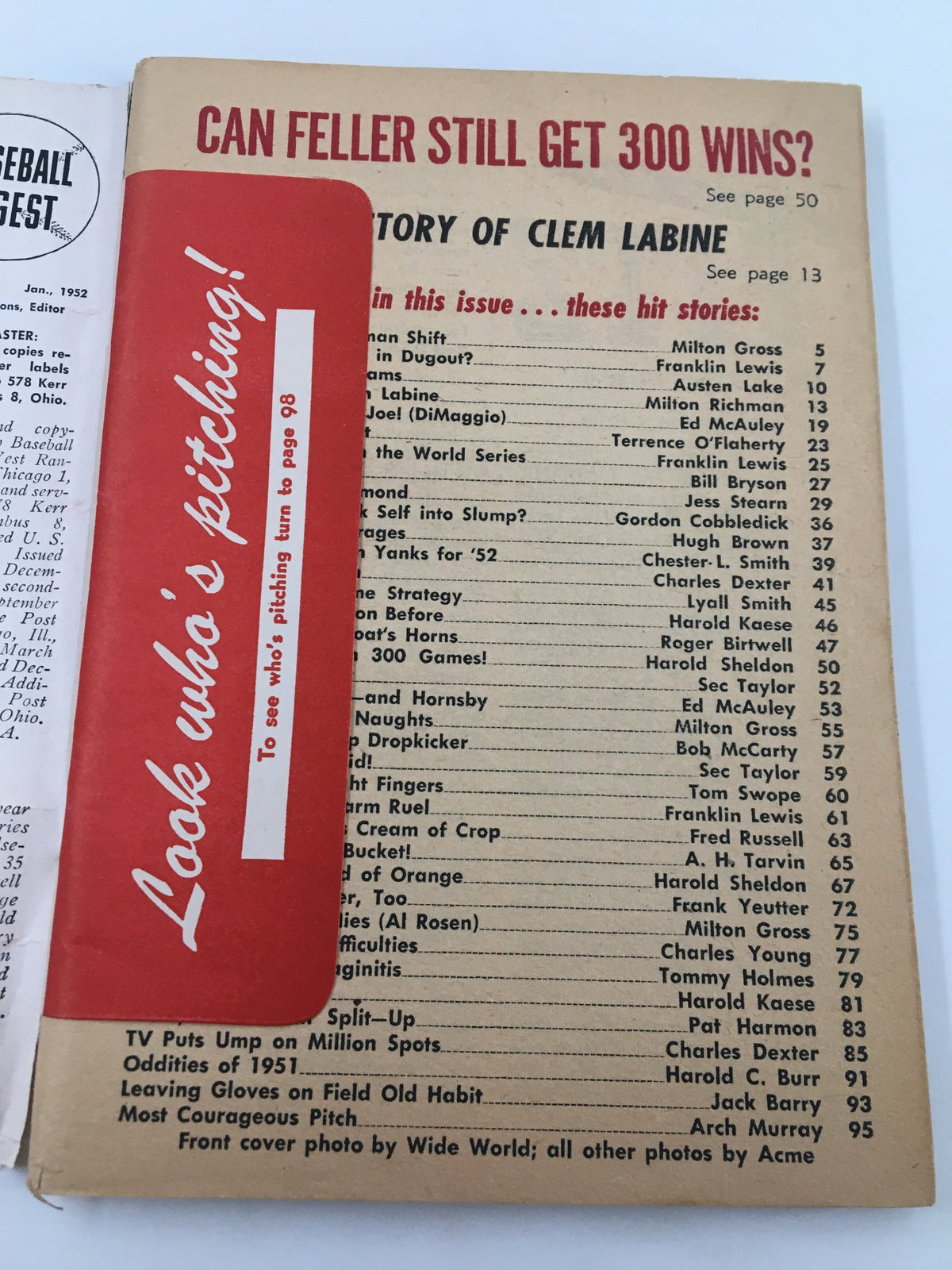 Back cover of VTG Baseball Digest Magazine January 1952 showcasing articles including 'Can Feller Still Get 300 Wins?' and 'History of Clem Labine'. Ideal for collectors and baseball enthusiasts.