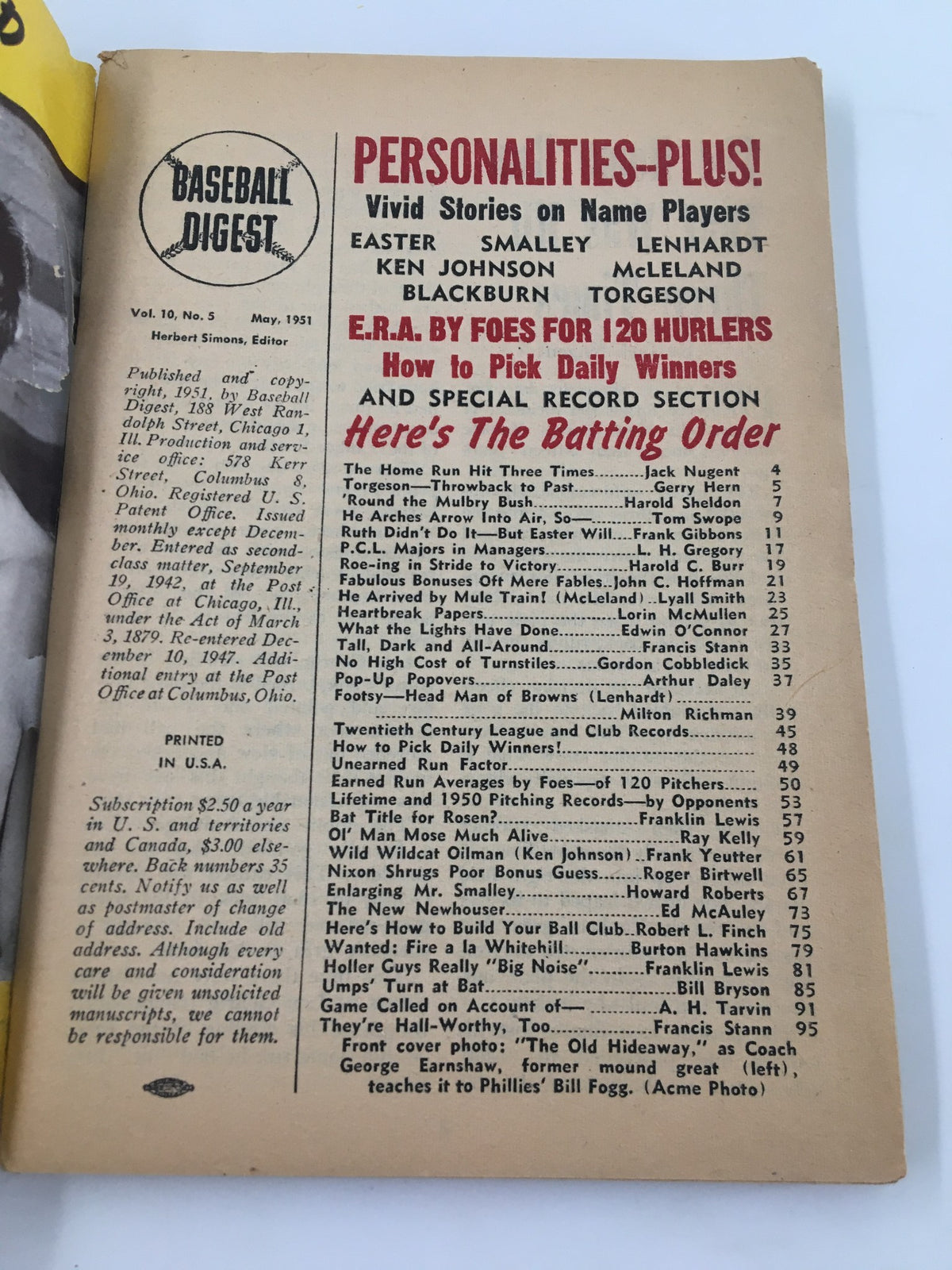 Inside page of VTG Baseball Digest Magazine from May 1951, showcasing article topics including 'How to Pick Daily Winners' and personalities of baseball players, offering insights into the 1950s baseball scene.